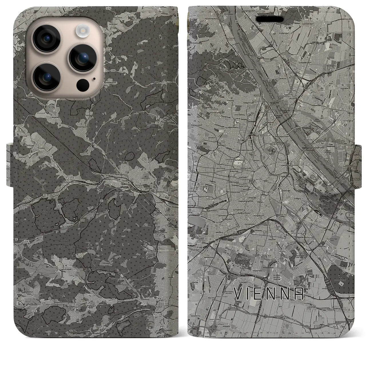 【ウィーン(オーストリア)】地図柄iPhoneケース(手帳タイプ)モノトーン・iPhone 16 Plus 用