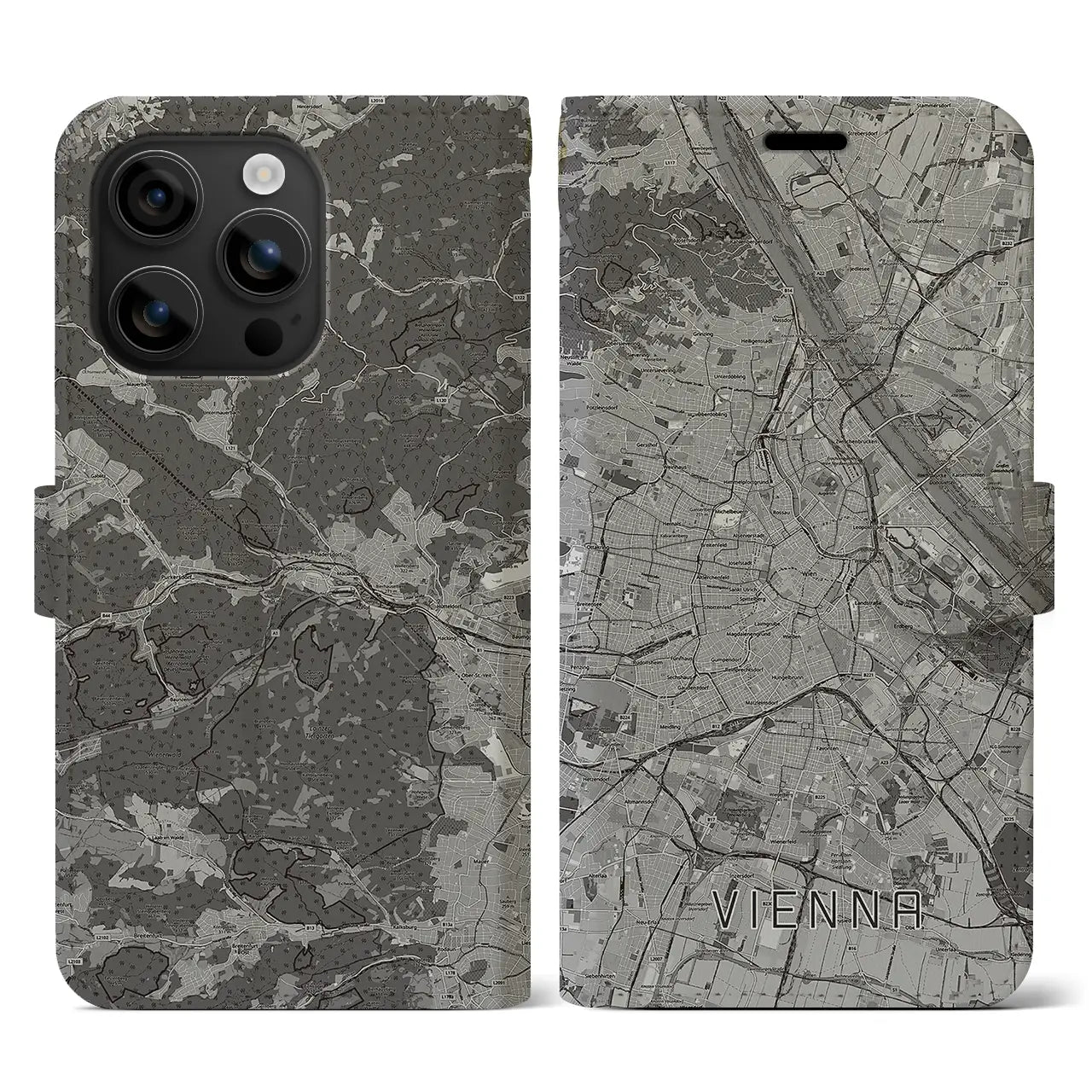 【ウィーン(オーストリア)】地図柄iPhoneケース(手帳タイプ)モノトーン・iPhone 16 用