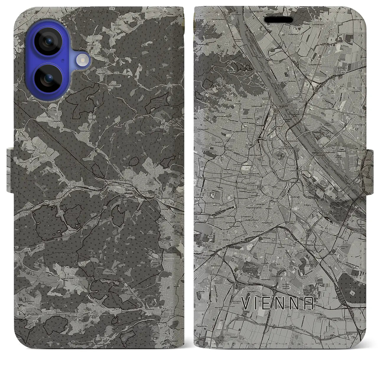 【ウィーン(オーストリア)】地図柄iPhoneケース(手帳タイプ)モノトーン・iPhone 16 Pro Max 用