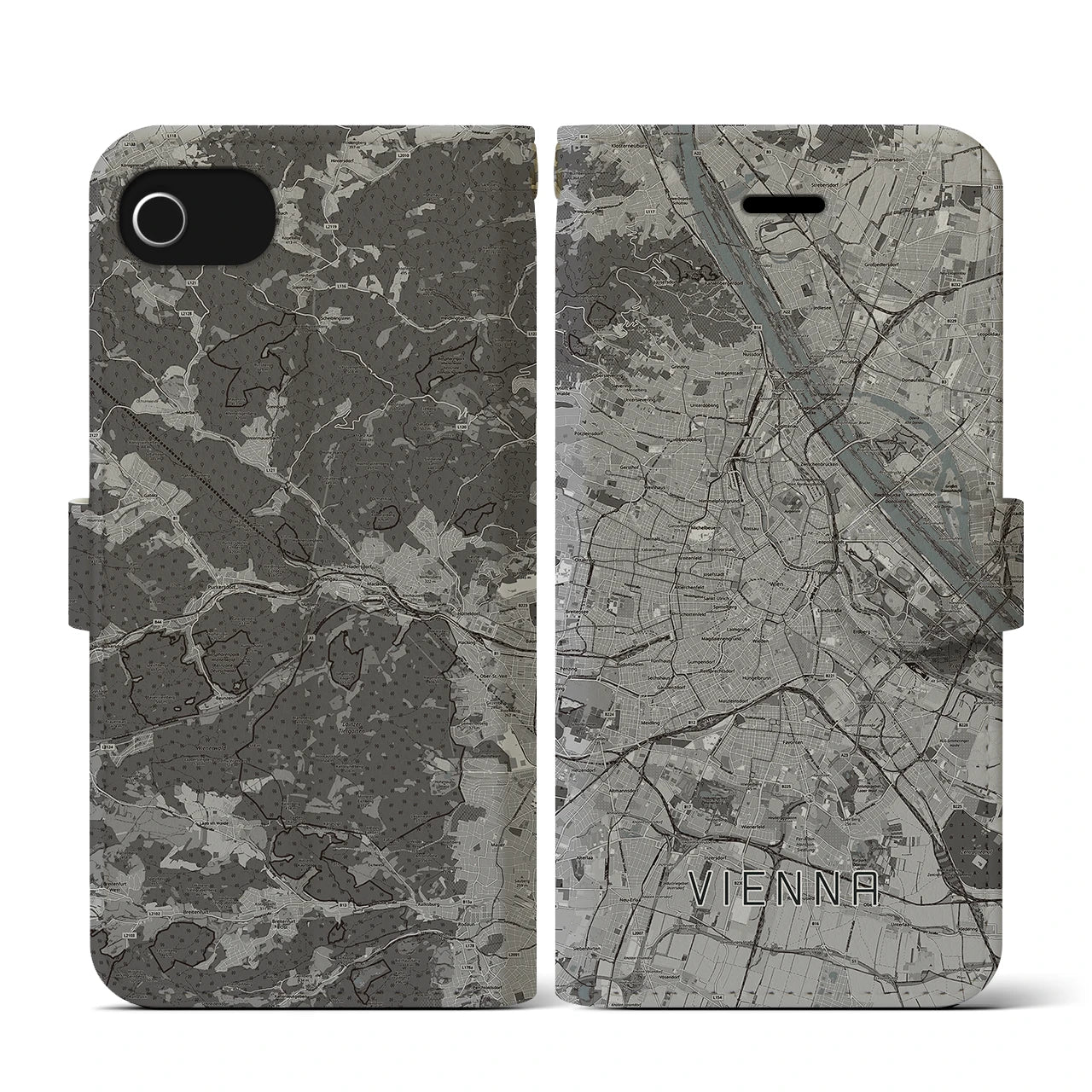 【ウィーン(オーストリア)】地図柄iPhoneケース(手帳タイプ)モノトーン・iPhone SE(第3 / 第2世代) / 8 / 7 / 6s / 6 用