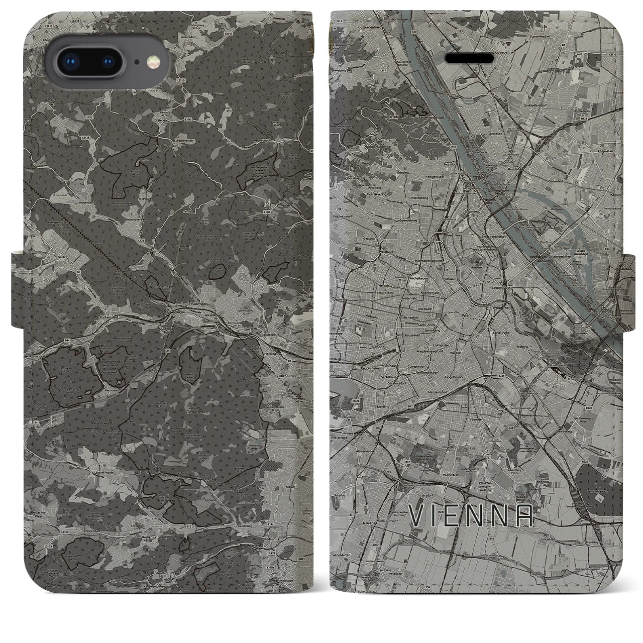 【ウィーン(オーストリア)】地図柄iPhoneケース(手帳タイプ)モノトーン・iPhone 8Plus /7Plus / 6sPlus / 6Plus 用