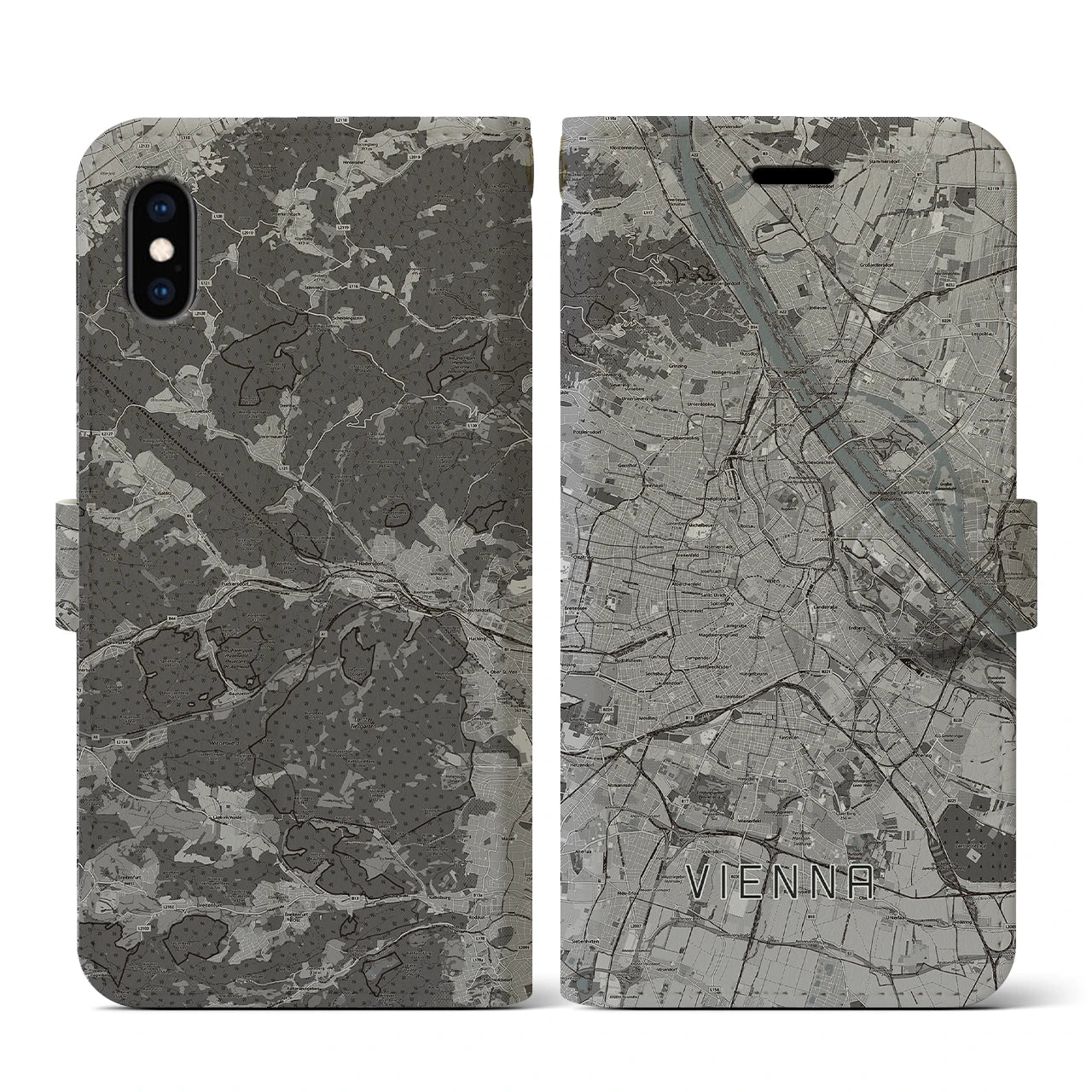 【ウィーン(オーストリア)】地図柄iPhoneケース(手帳タイプ)モノトーン・iPhone XS / X 用