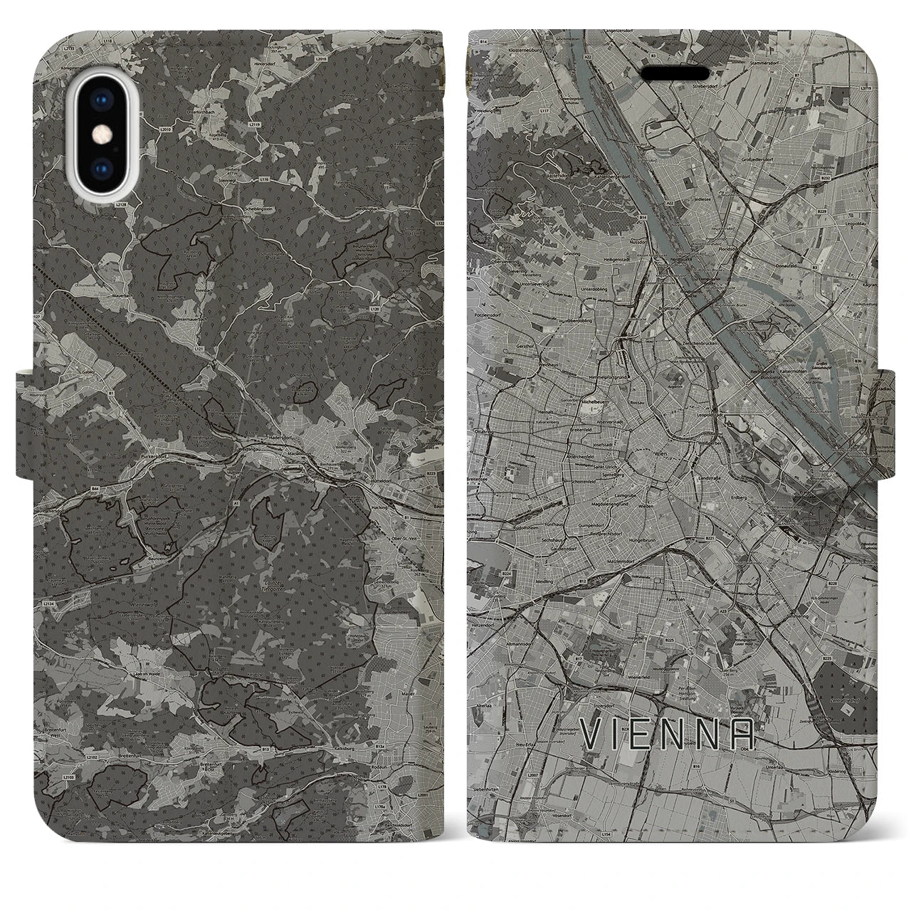 【ウィーン(オーストリア)】地図柄iPhoneケース(手帳タイプ)モノトーン・iPhone XS Max 用