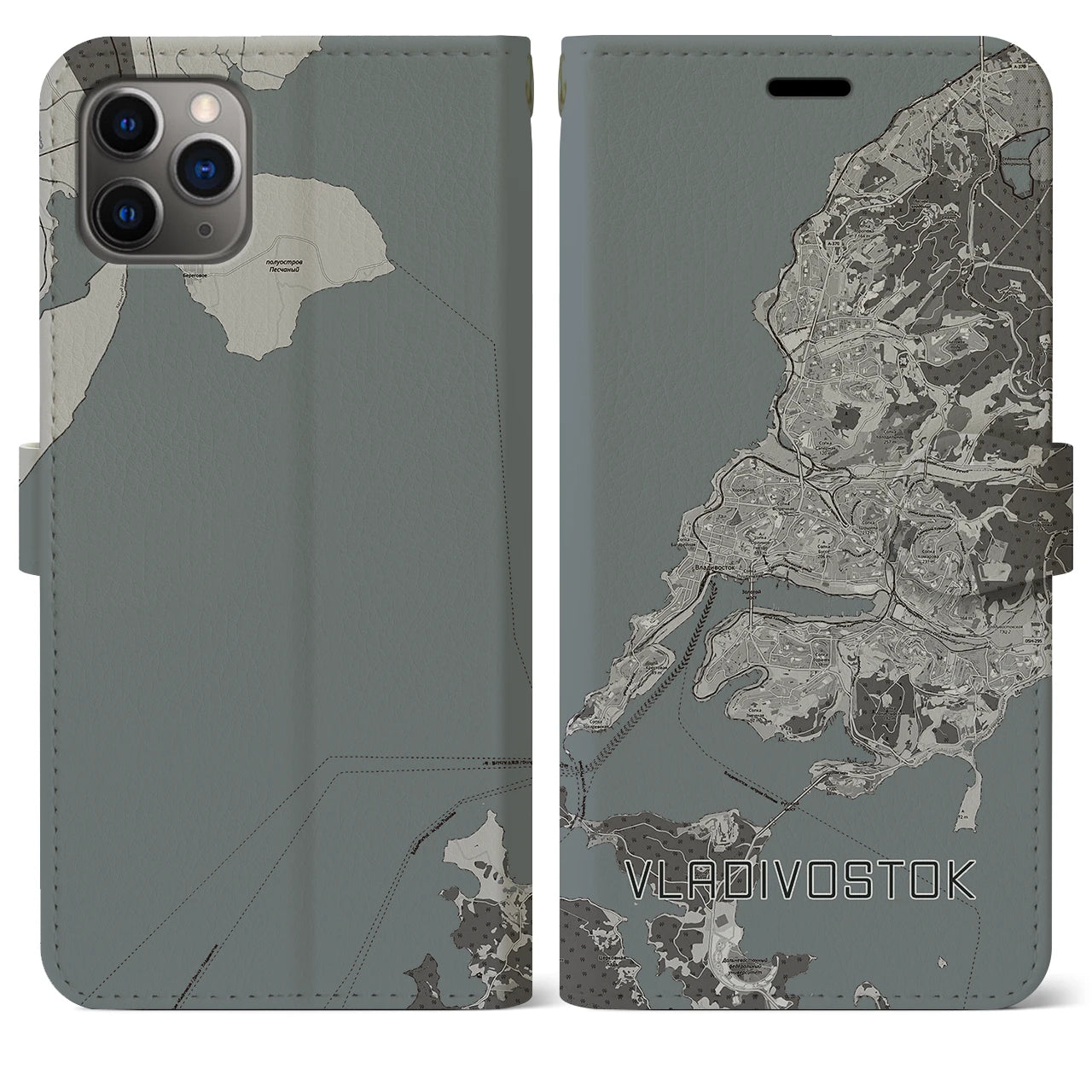 【ウラジオストク(ロシア)】地図柄iPhoneケース(手帳タイプ)モノトーン・iPhone 11 Pro Max 用