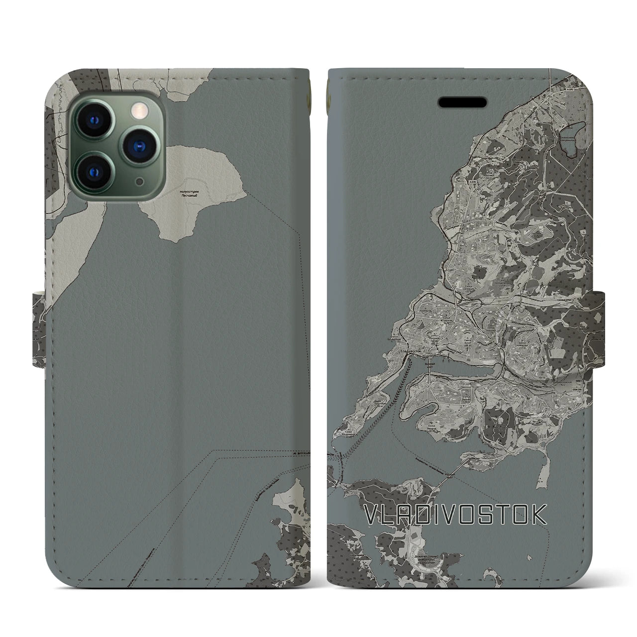 【ウラジオストク(ロシア)】地図柄iPhoneケース(手帳タイプ)モノトーン・iPhone 11 Pro 用
