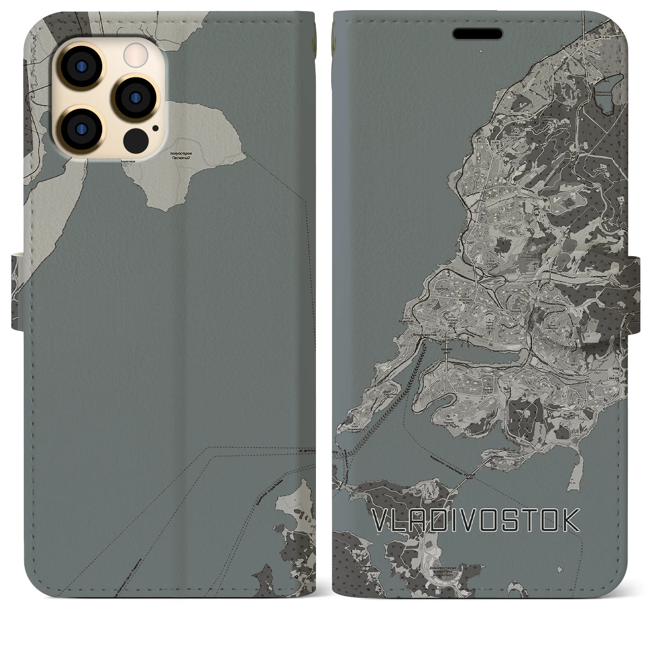 【ウラジオストク(ロシア)】地図柄iPhoneケース(手帳タイプ)モノトーン・iPhone 12 Pro Max 用