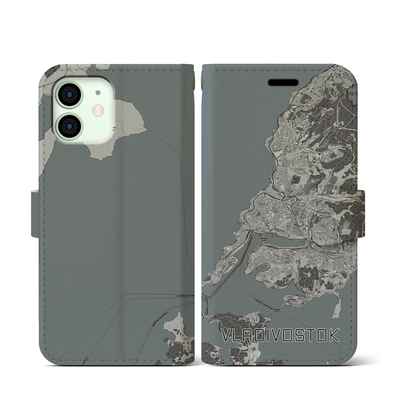 【ウラジオストク(ロシア)】地図柄iPhoneケース(手帳タイプ)モノトーン・iPhone 12 mini 用