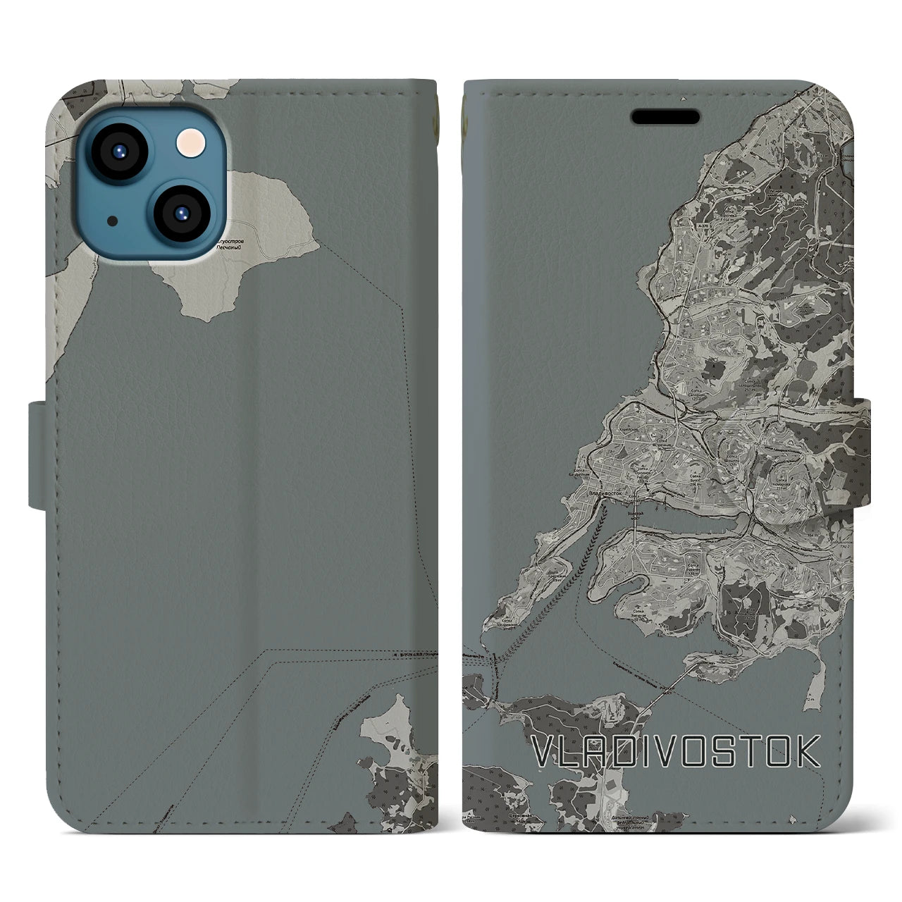 【ウラジオストク(ロシア)】地図柄iPhoneケース(手帳タイプ)モノトーン・iPhone 13 用