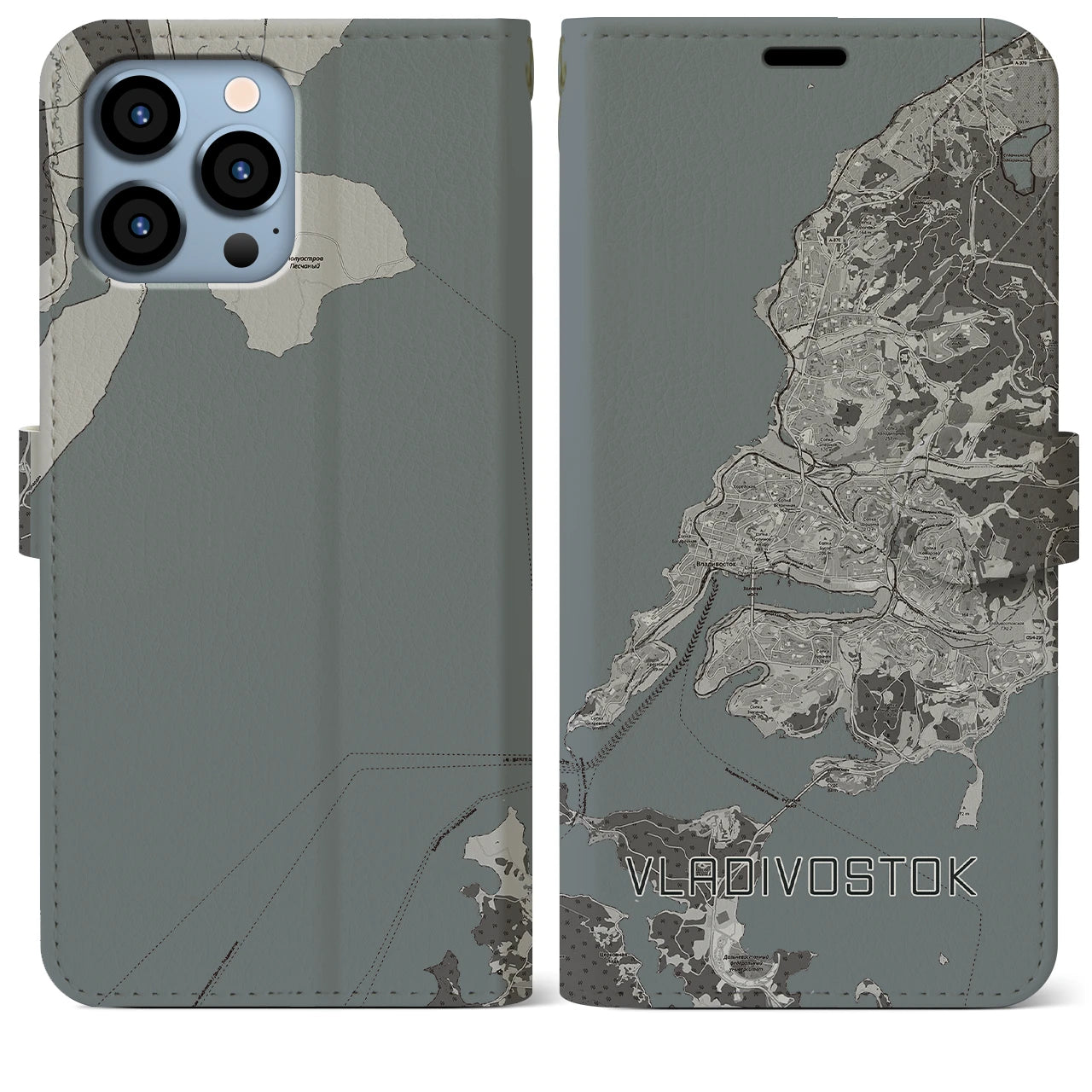 【ウラジオストク(ロシア)】地図柄iPhoneケース(手帳タイプ)モノトーン・iPhone 13 Pro Max 用