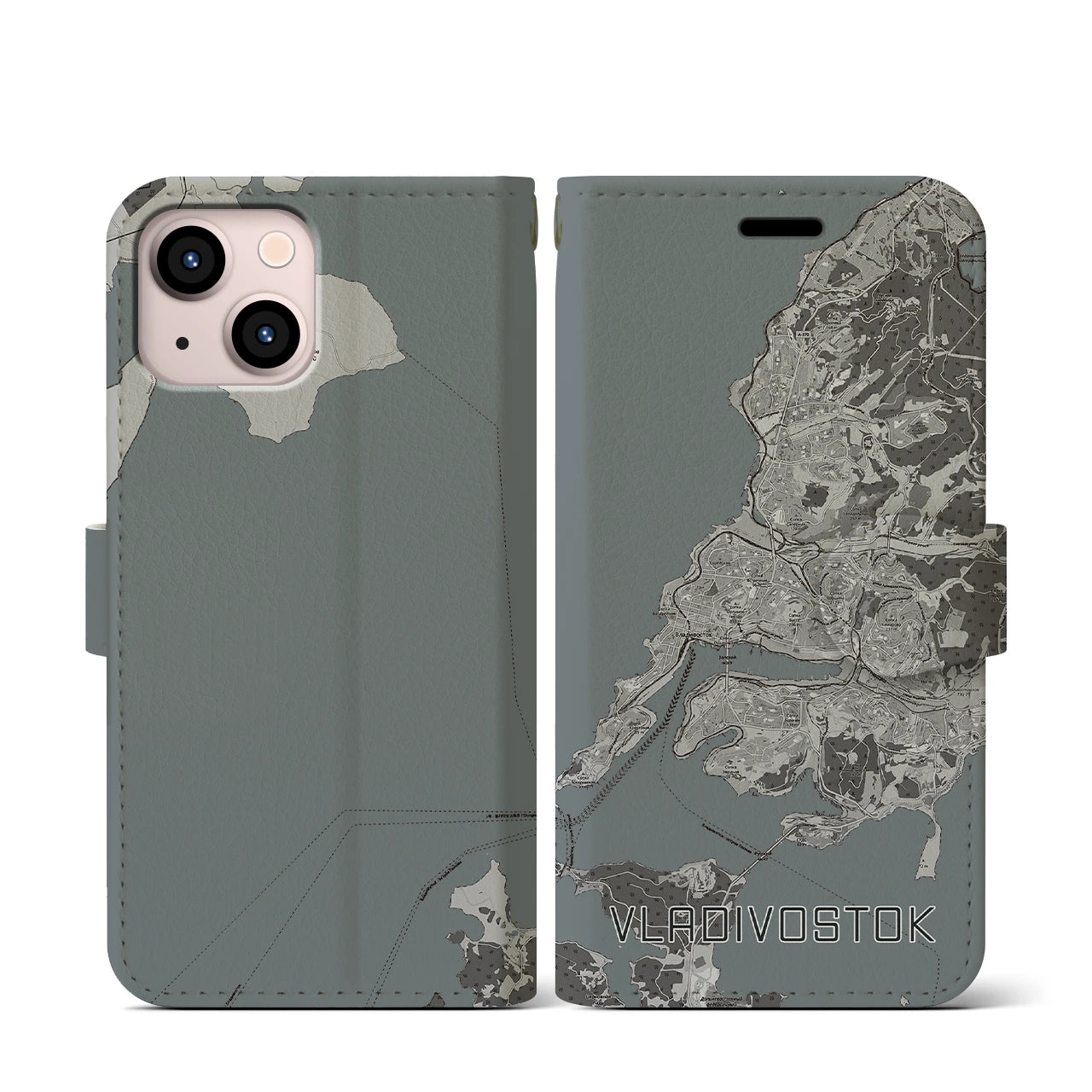 【ウラジオストク(ロシア)】地図柄iPhoneケース(手帳タイプ)モノトーン・iPhone 13 mini 用