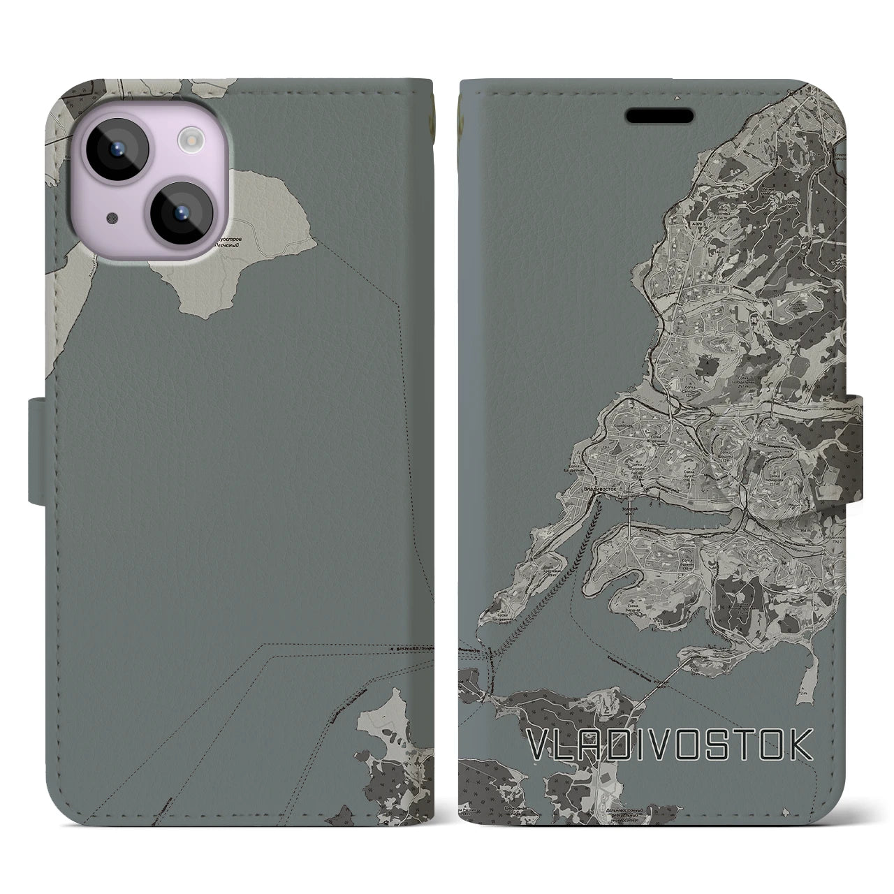 【ウラジオストク(ロシア)】地図柄iPhoneケース(手帳タイプ)モノトーン・iPhone 14 用