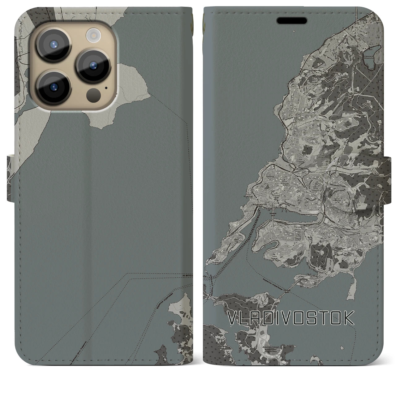 【ウラジオストク(ロシア)】地図柄iPhoneケース(手帳タイプ)モノトーン・iPhone 14 Pro Max 用