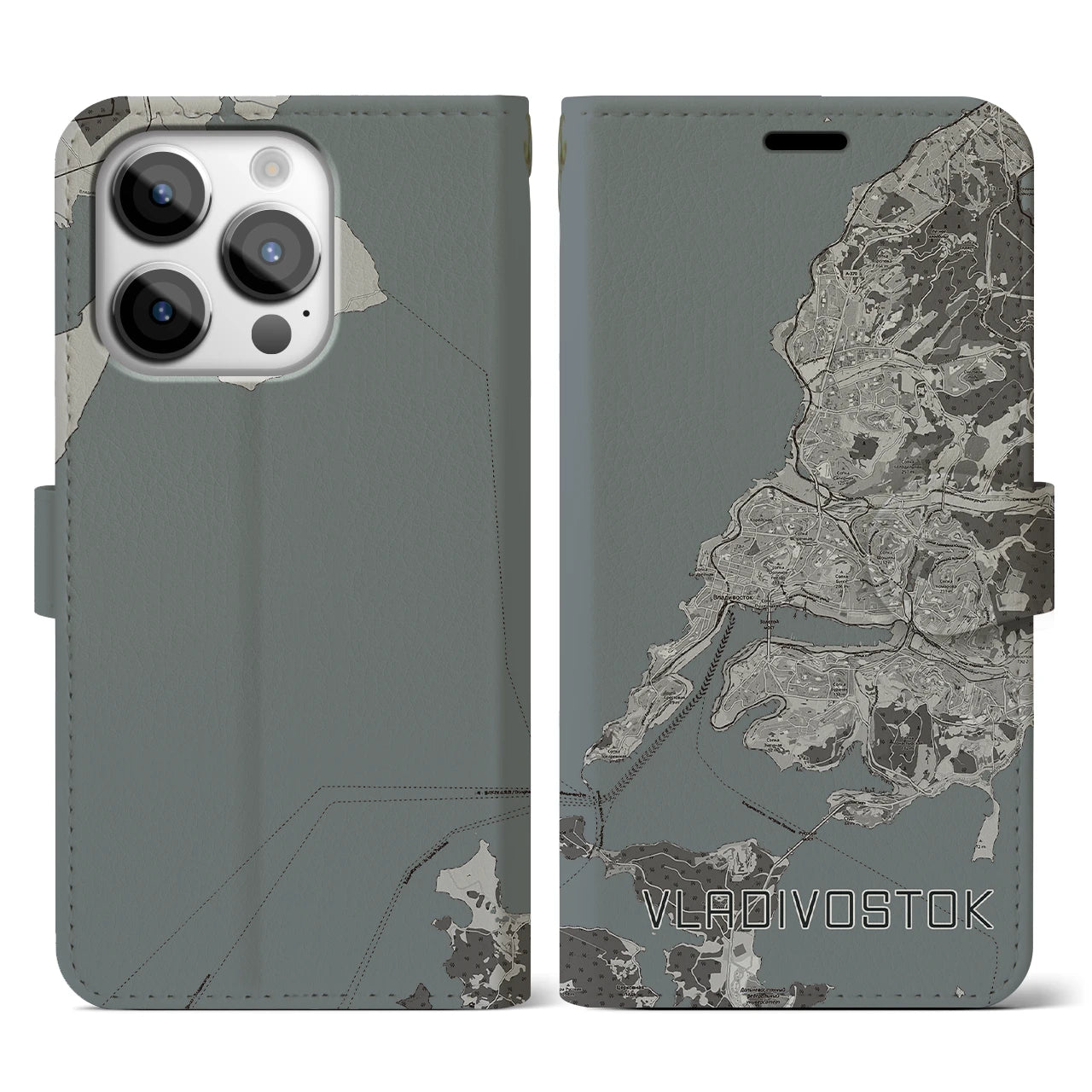 【ウラジオストク(ロシア)】地図柄iPhoneケース(手帳タイプ)モノトーン・iPhone 14 Pro 用