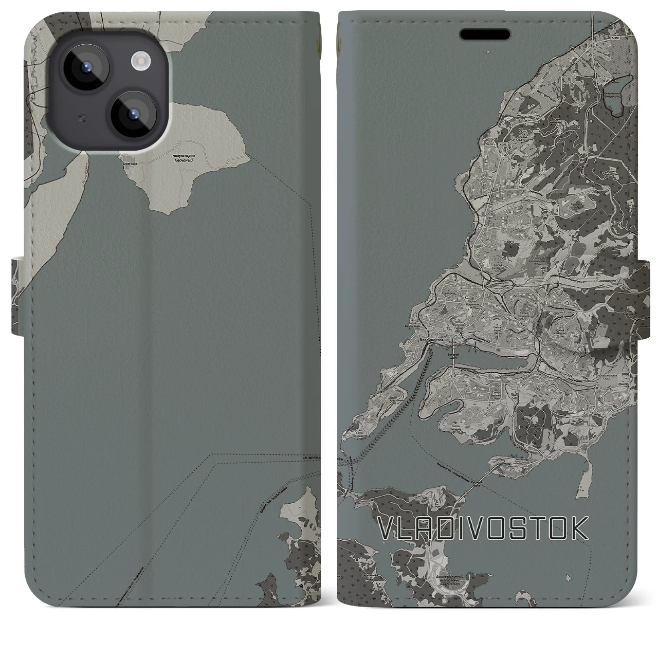 【ウラジオストク(ロシア)】地図柄iPhoneケース(手帳タイプ)モノトーン・iPhone 14 Plus 用