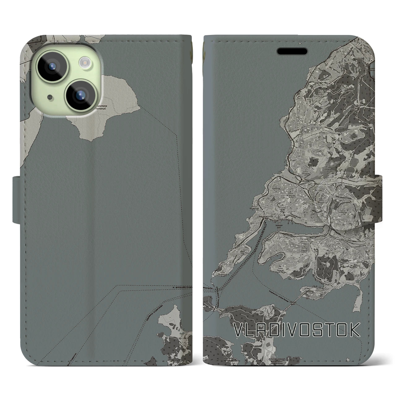 【ウラジオストク(ロシア)】地図柄iPhoneケース(手帳タイプ)モノトーン・iPhone 15 用