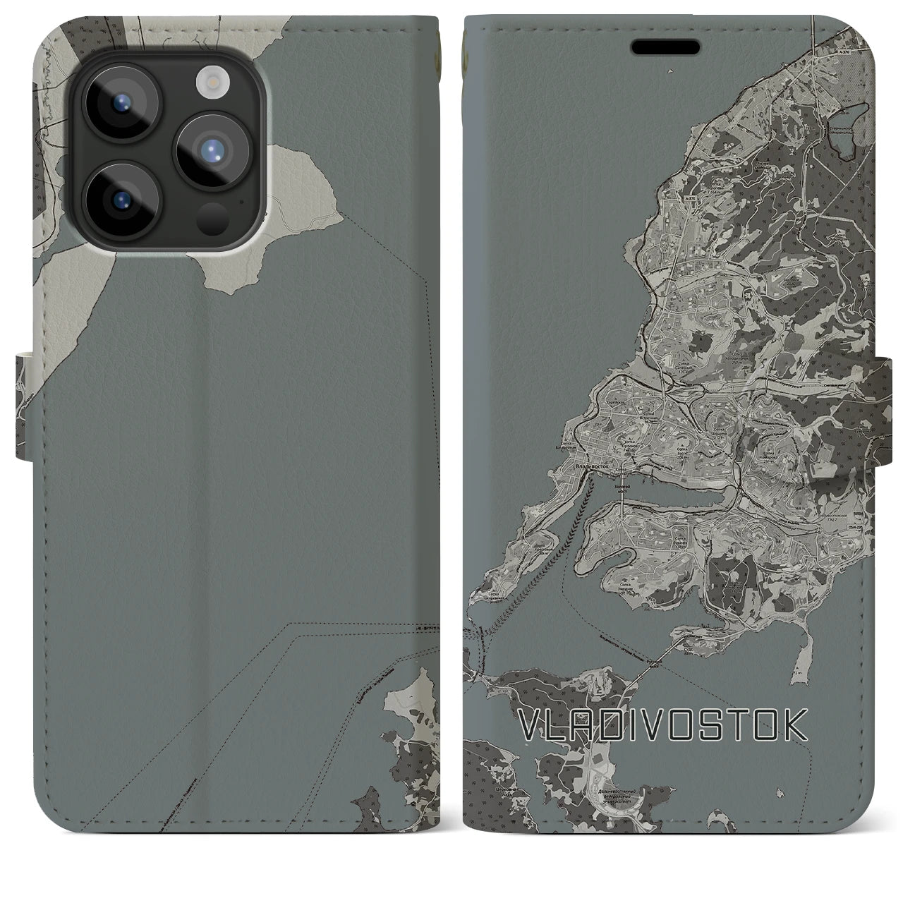 【ウラジオストク(ロシア)】地図柄iPhoneケース(手帳タイプ)モノトーン・iPhone 15 Pro Max 用