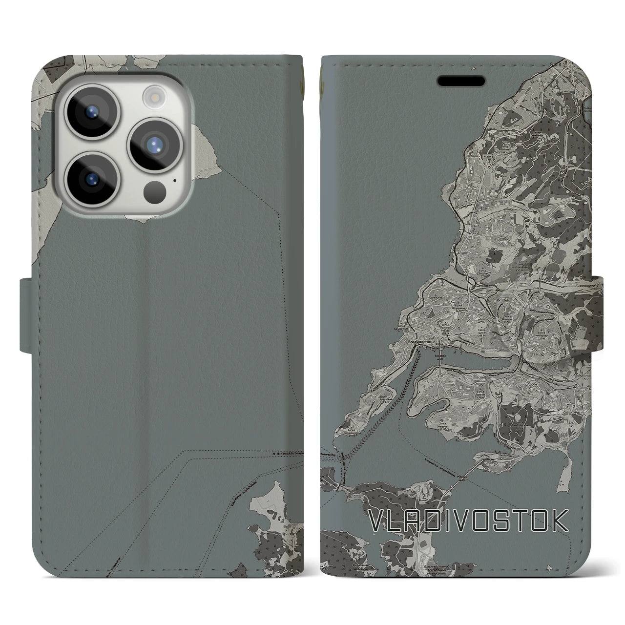 【ウラジオストク(ロシア)】地図柄iPhoneケース(手帳タイプ)モノトーン・iPhone 15 Pro 用