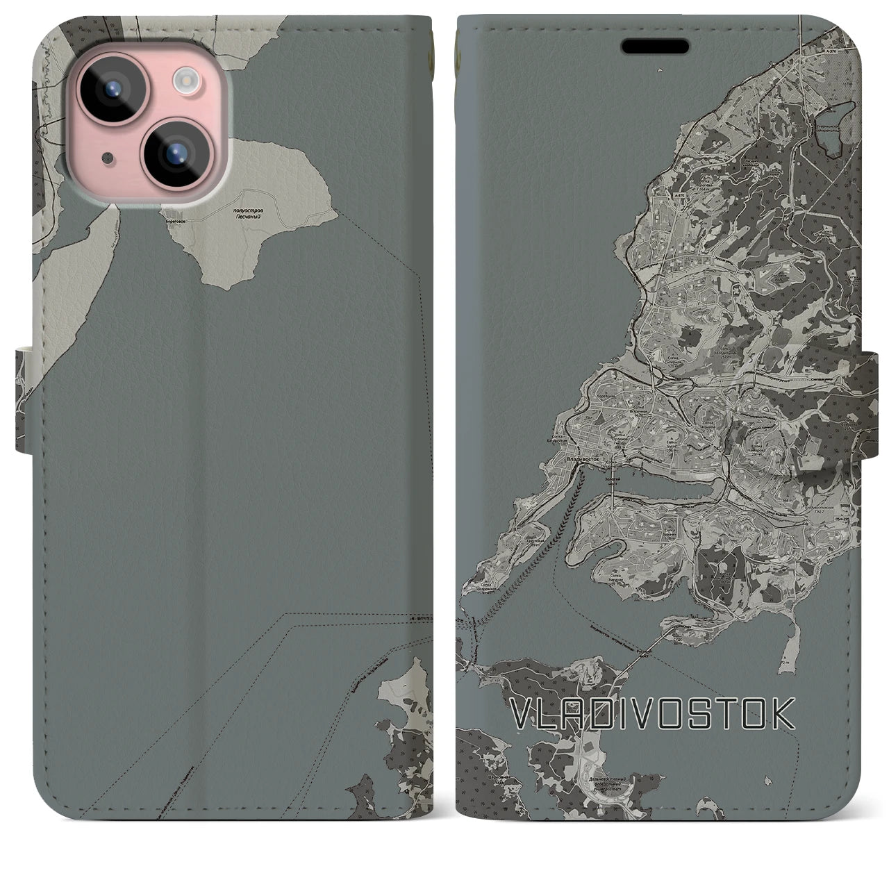 【ウラジオストク(ロシア)】地図柄iPhoneケース(手帳タイプ)モノトーン・iPhone 15 Plus 用