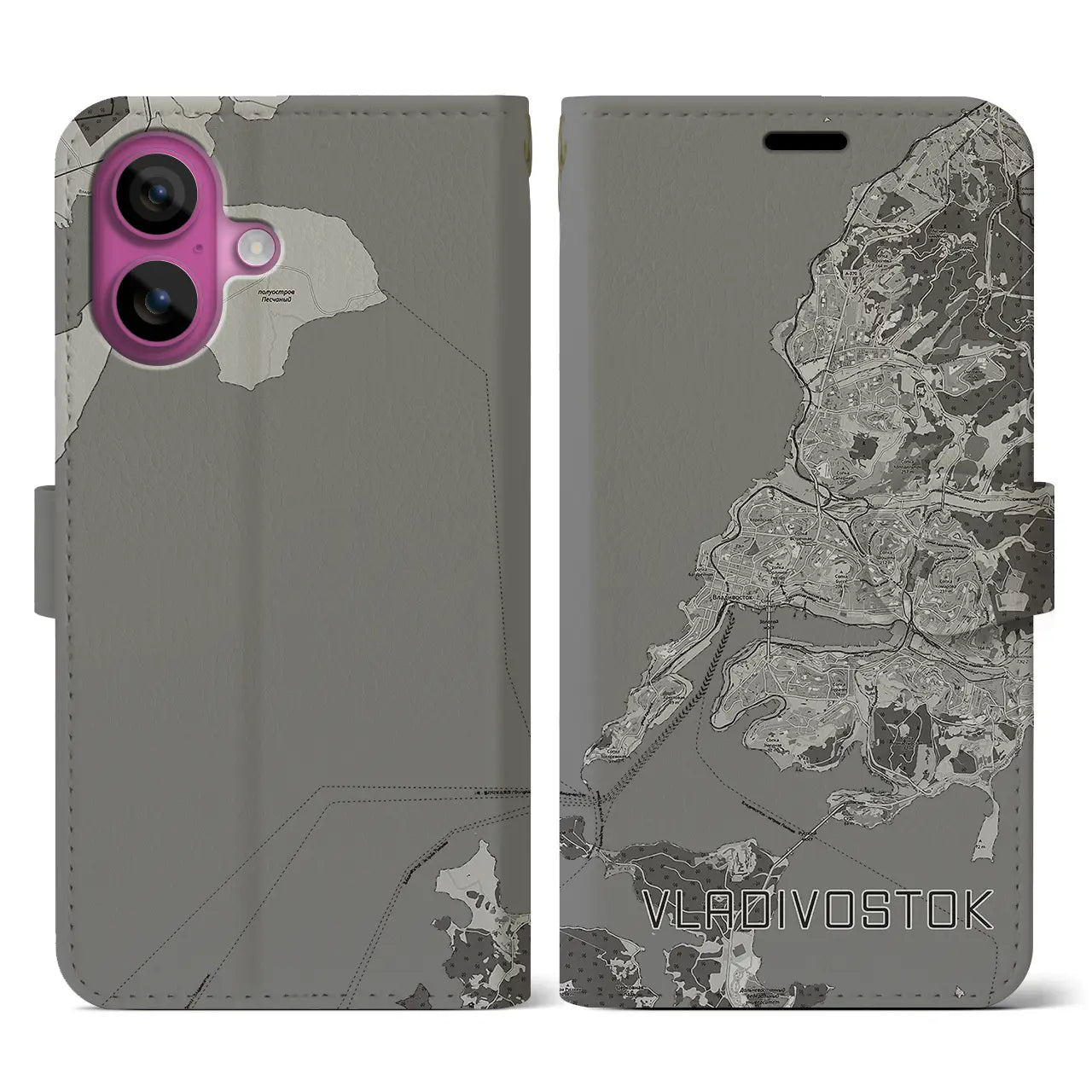 【ウラジオストク(ロシア)】地図柄iPhoneケース(手帳タイプ)モノトーン・iPhone 16 Pro 用