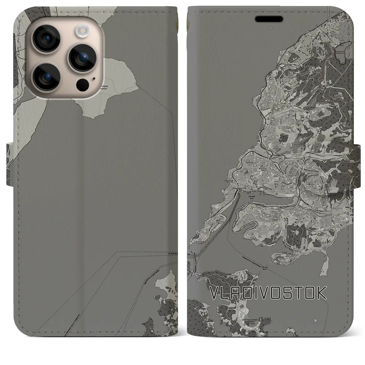 【ウラジオストク(ロシア)】地図柄iPhoneケース(手帳タイプ)モノトーン・iPhone 16 Plus 用