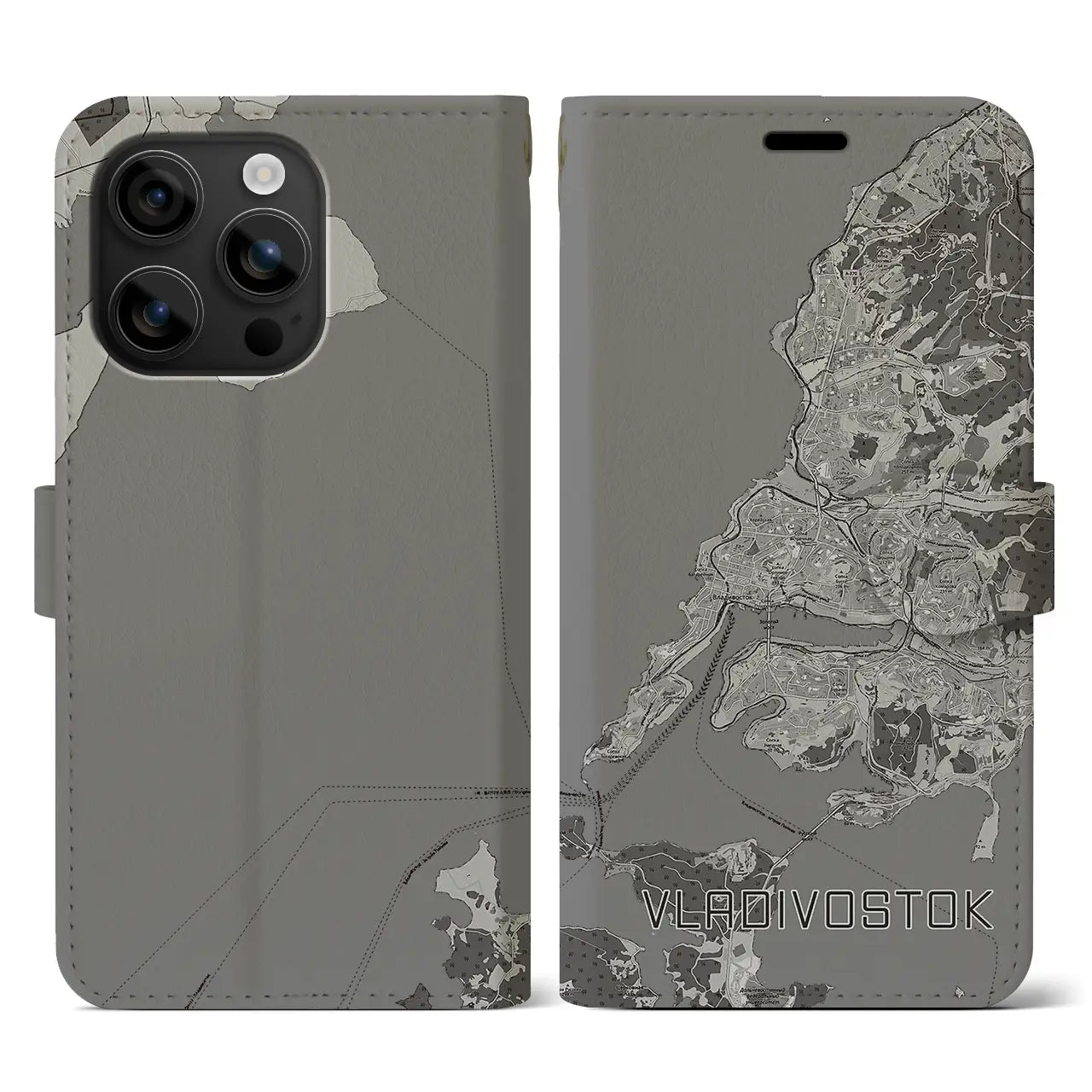 【ウラジオストク(ロシア)】地図柄iPhoneケース(手帳タイプ)モノトーン・iPhone 16 用
