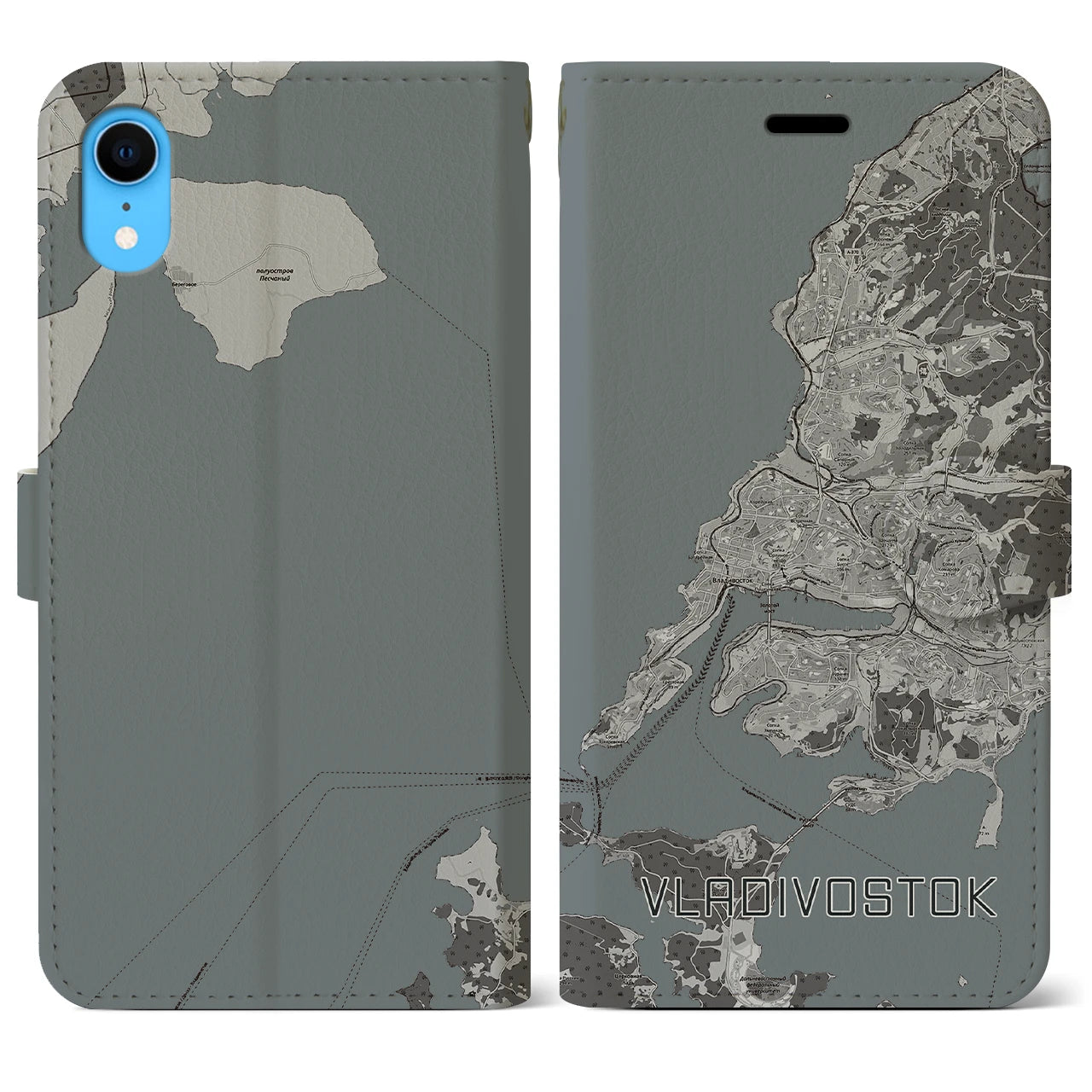 【ウラジオストク(ロシア)】地図柄iPhoneケース(手帳タイプ)モノトーン・iPhone XR 用