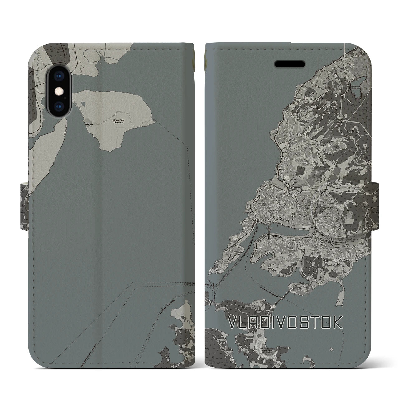 【ウラジオストク(ロシア)】地図柄iPhoneケース(手帳タイプ)モノトーン・iPhone XS / X 用