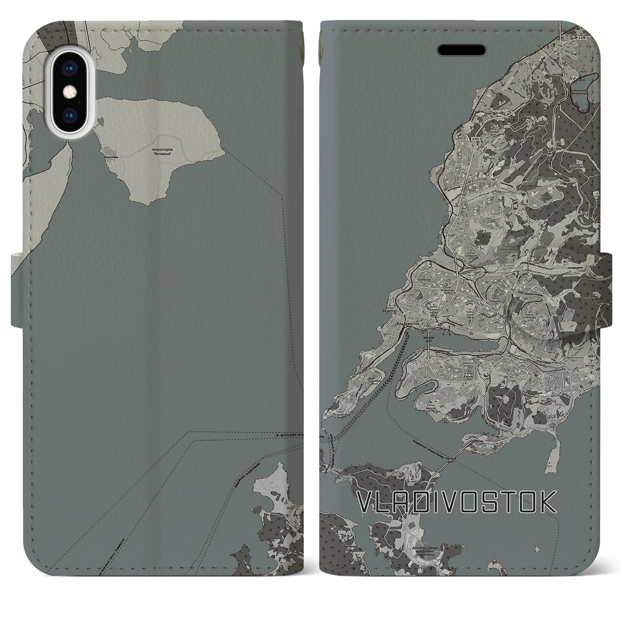 【ウラジオストク(ロシア)】地図柄iPhoneケース(手帳タイプ)モノトーン・iPhone XS Max 用