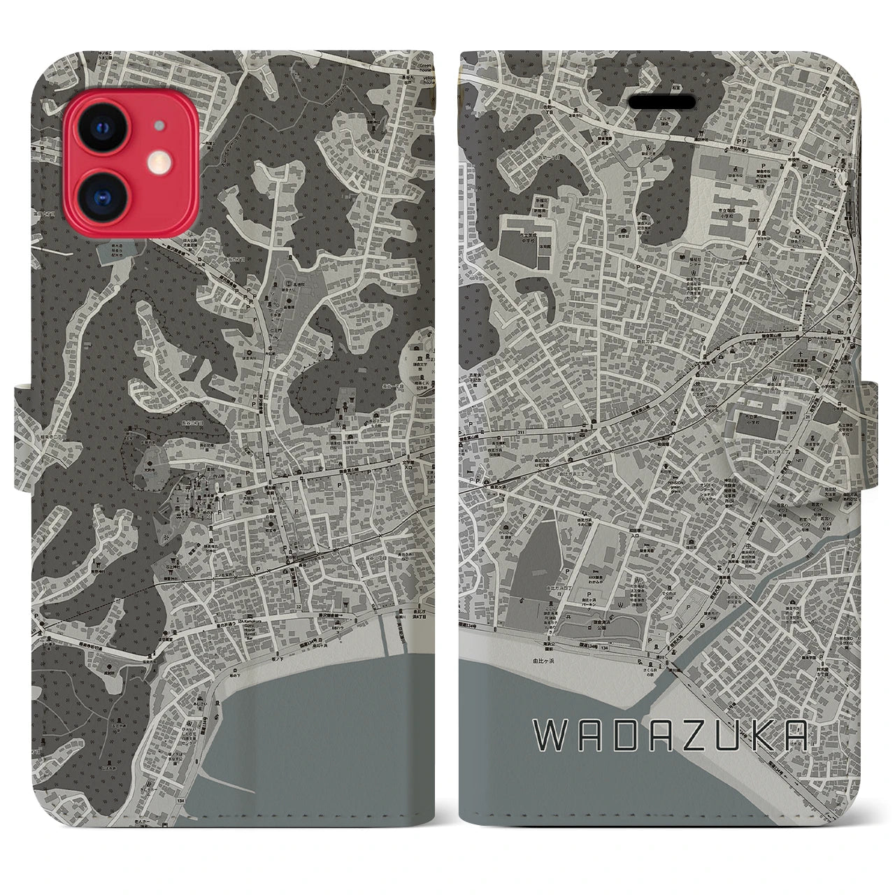 【和田塚(神奈川県)】地図柄iPhoneケース(手帳タイプ)モノトーン・iPhone 11 用