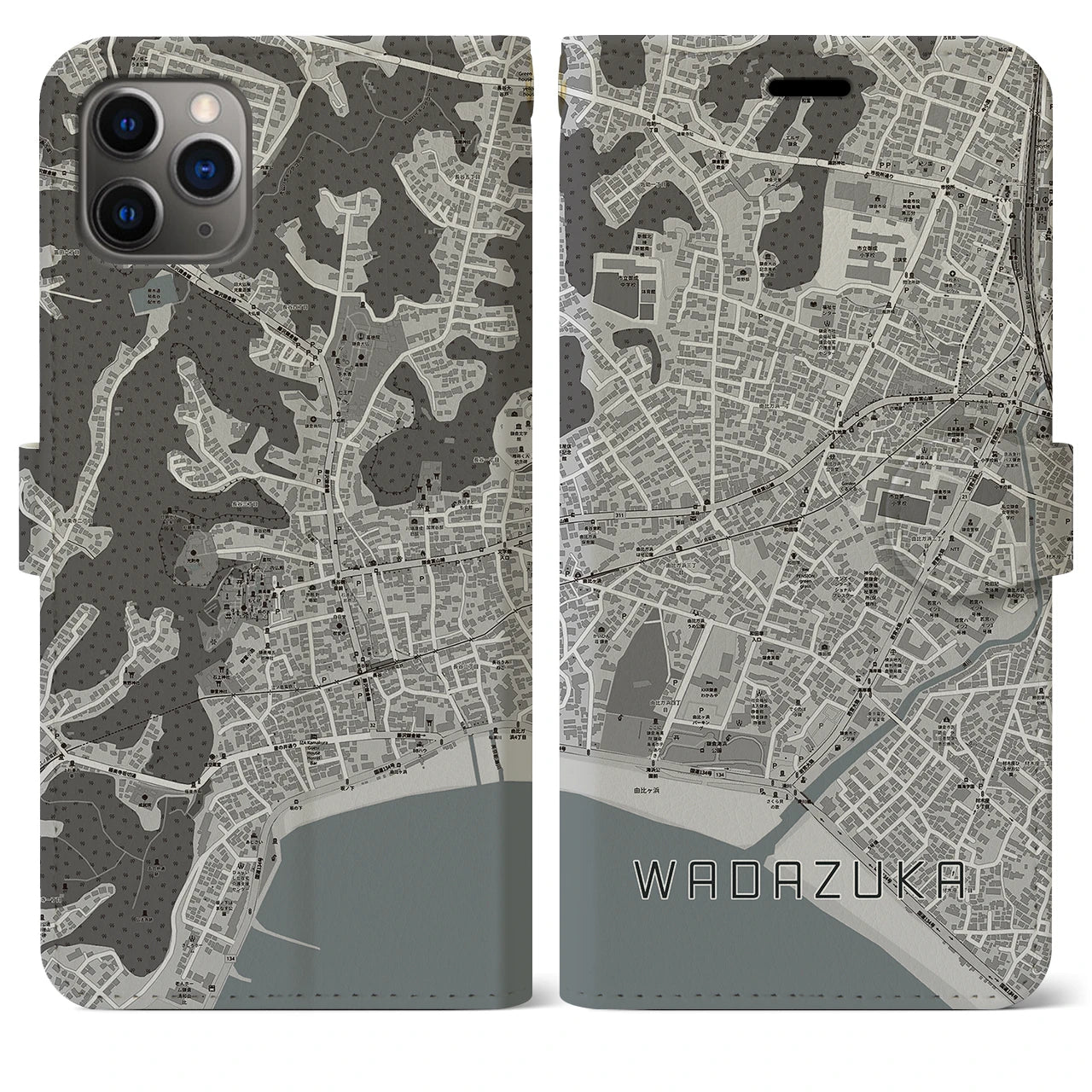 【和田塚(神奈川県)】地図柄iPhoneケース(手帳タイプ)モノトーン・iPhone 11 Pro Max 用
