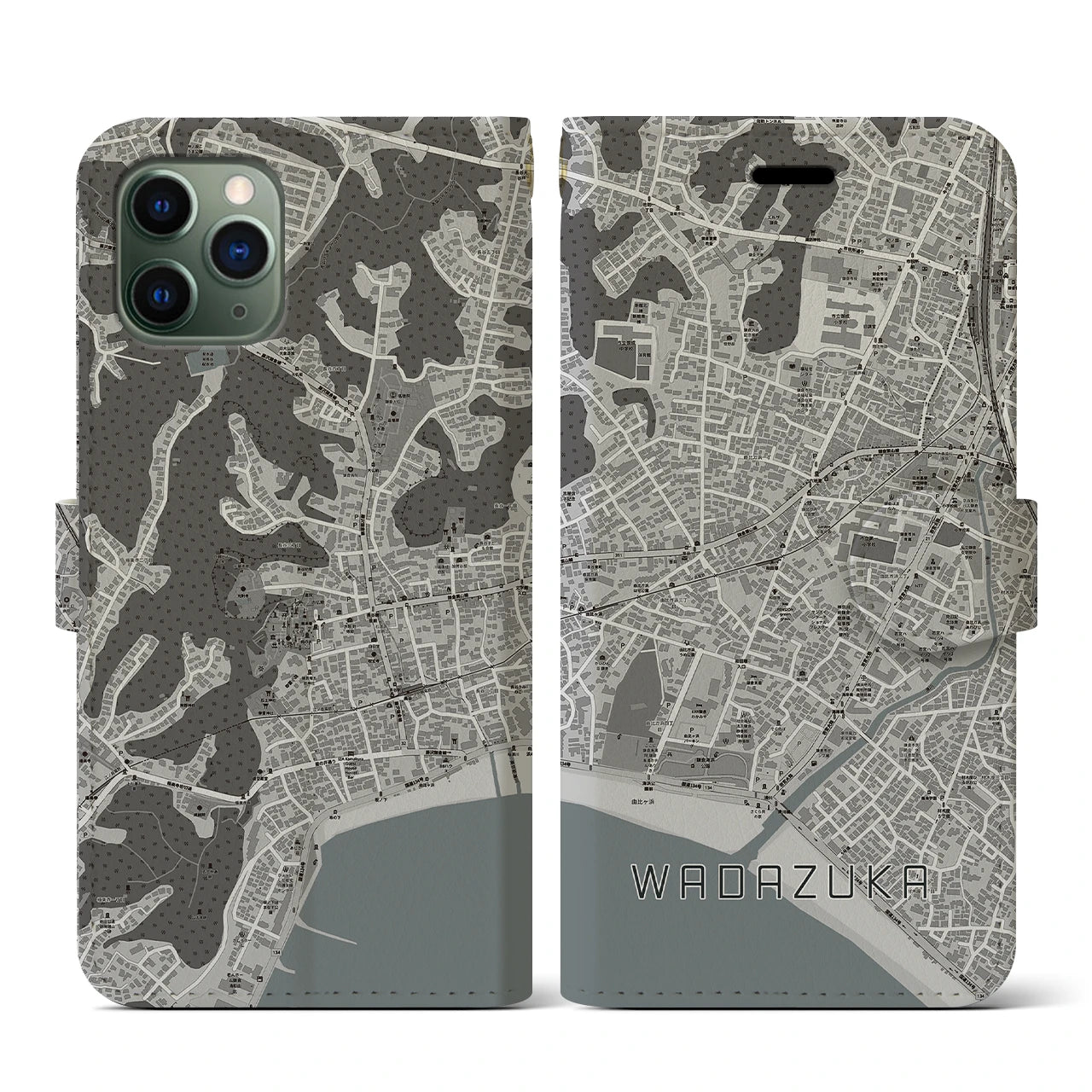 【和田塚(神奈川県)】地図柄iPhoneケース(手帳タイプ)モノトーン・iPhone 11 Pro 用