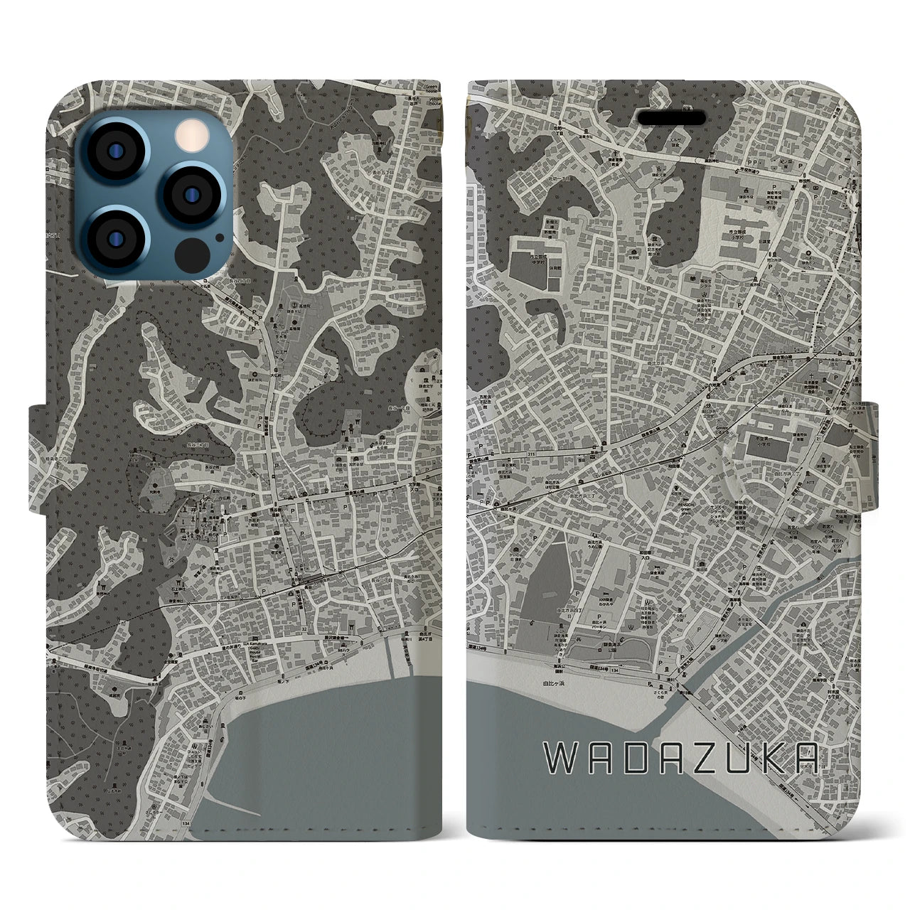 【和田塚(神奈川県)】地図柄iPhoneケース(手帳タイプ)モノトーン・iPhone 12 / 12 Pro 用