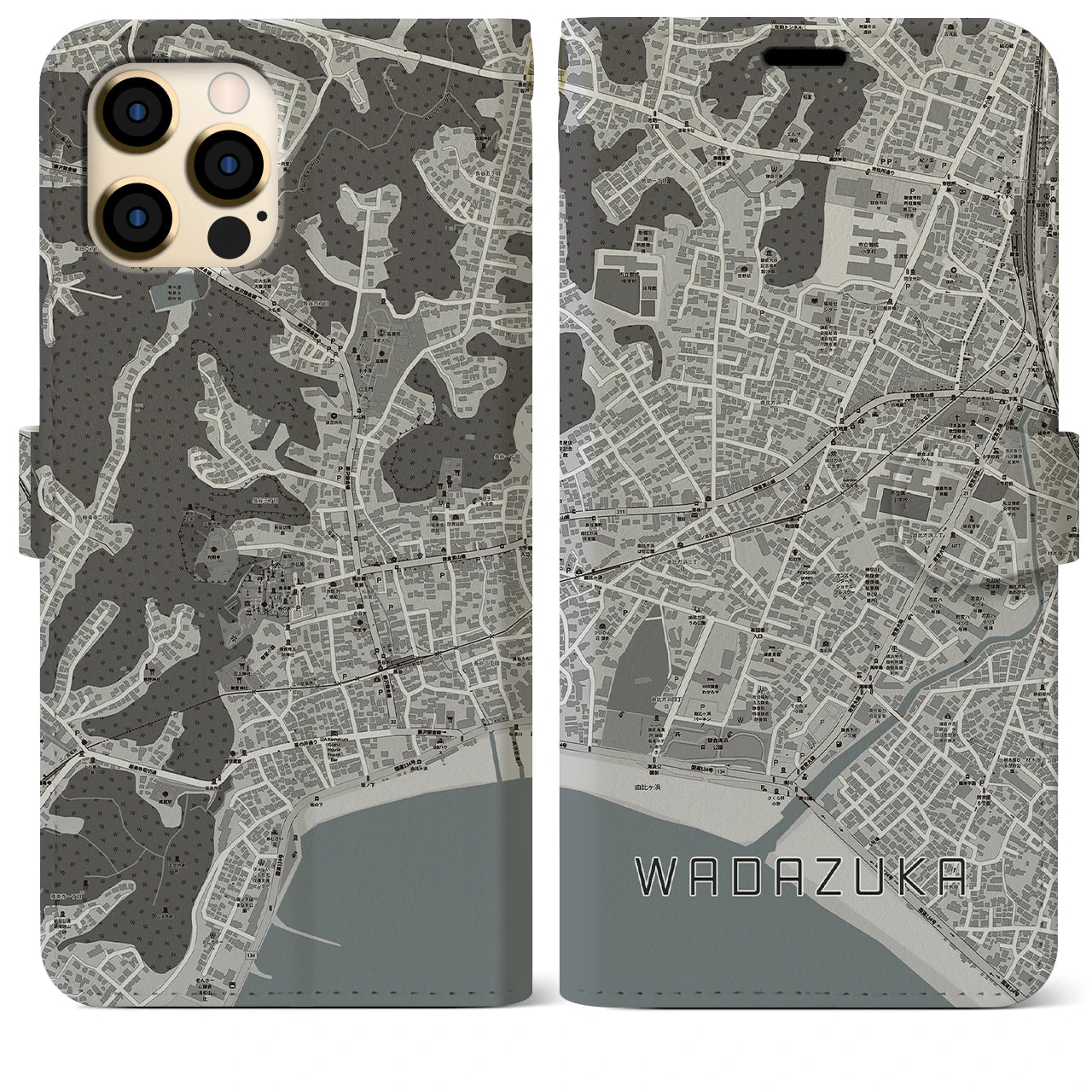 【和田塚(神奈川県)】地図柄iPhoneケース(手帳タイプ)モノトーン・iPhone 12 Pro Max 用