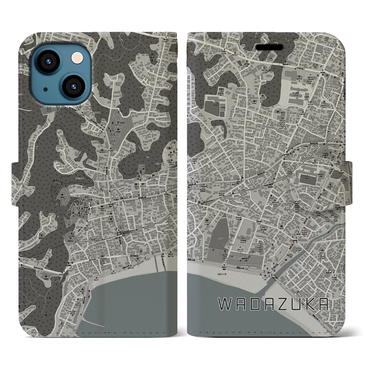 【和田塚(神奈川県)】地図柄iPhoneケース(手帳タイプ)モノトーン・iPhone 13 用