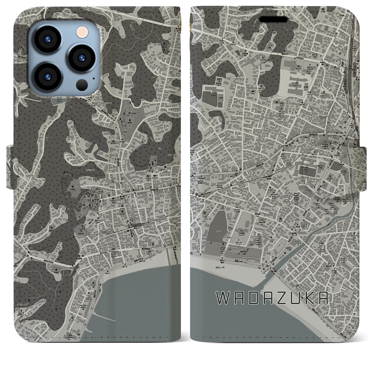 【和田塚(神奈川県)】地図柄iPhoneケース(手帳タイプ)モノトーン・iPhone 13 Pro Max 用
