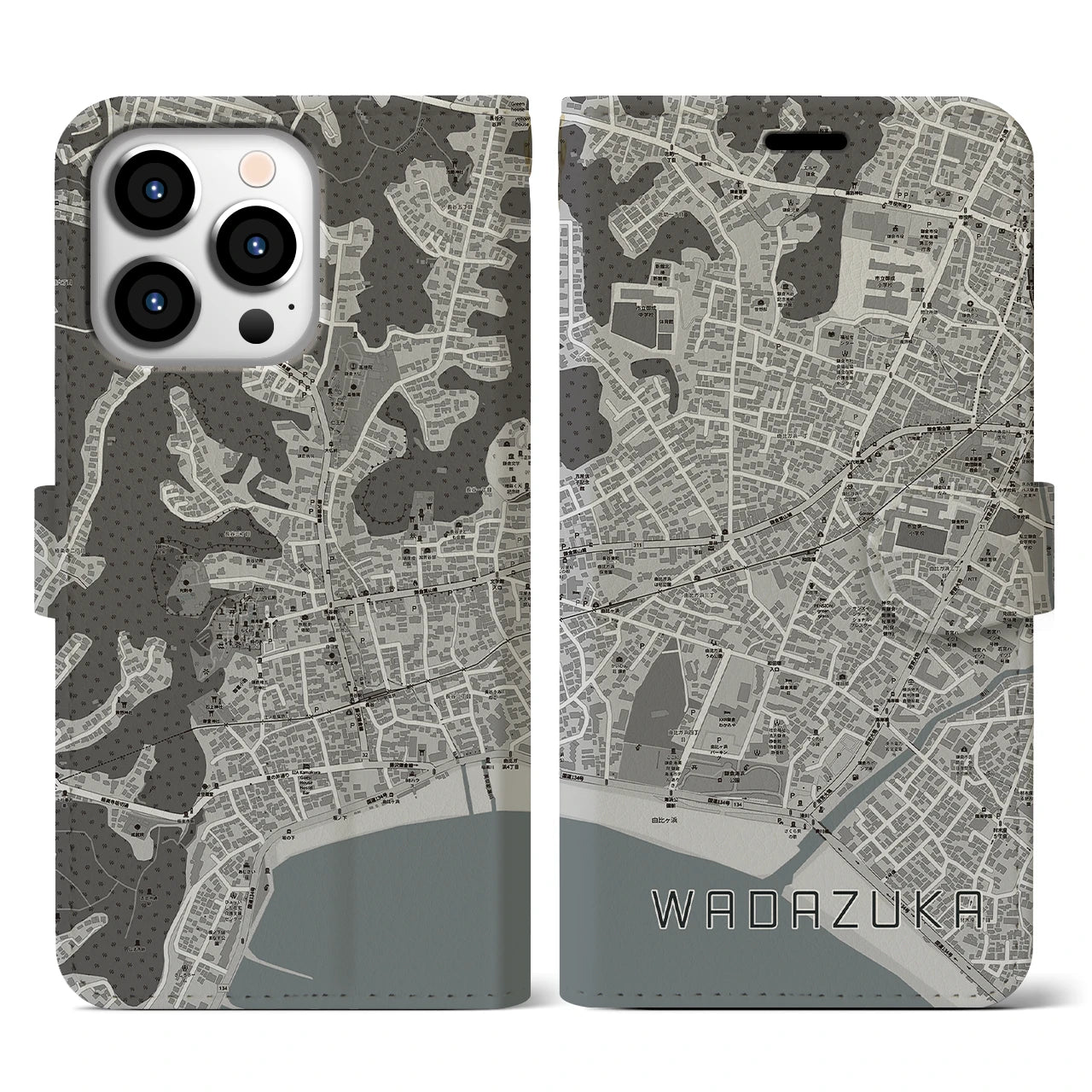 【和田塚(神奈川県)】地図柄iPhoneケース(手帳タイプ)モノトーン・iPhone 13 Pro 用