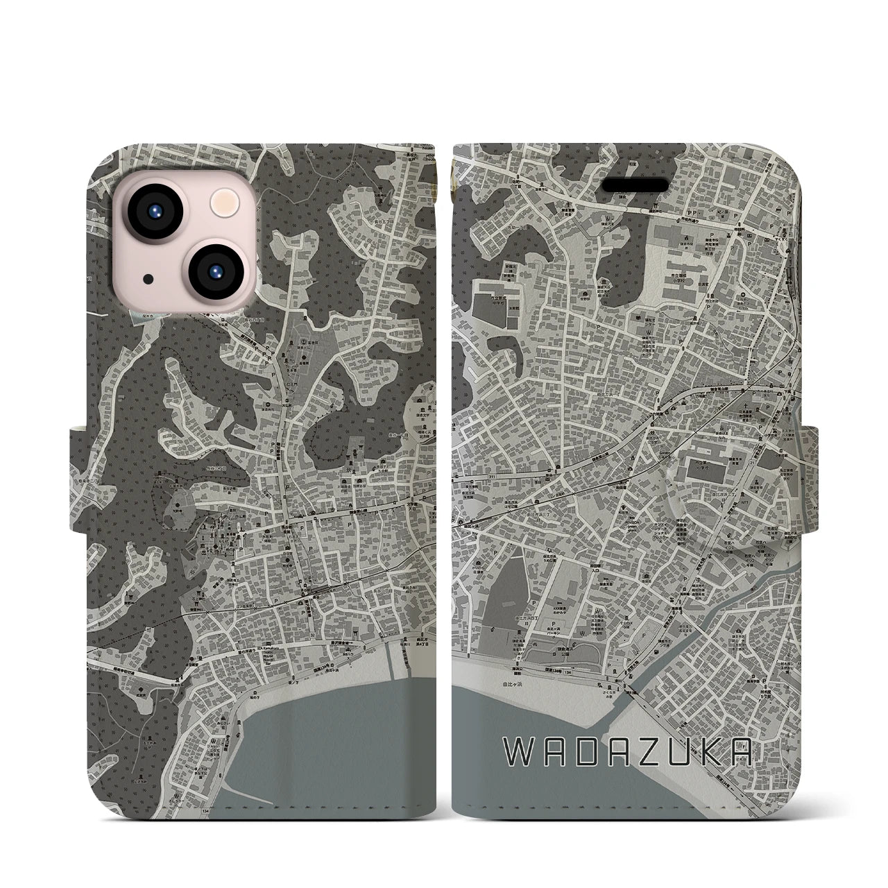 【和田塚(神奈川県)】地図柄iPhoneケース(手帳タイプ)モノトーン・iPhone 13 mini 用