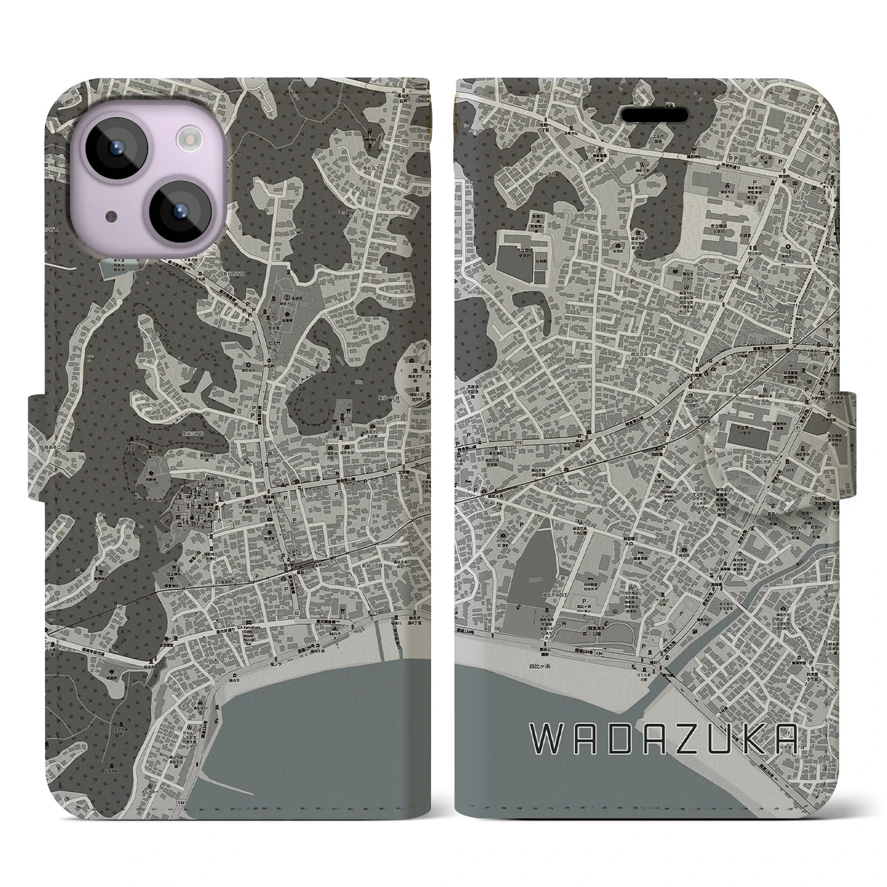 【和田塚(神奈川県)】地図柄iPhoneケース(手帳タイプ)モノトーン・iPhone 14 用