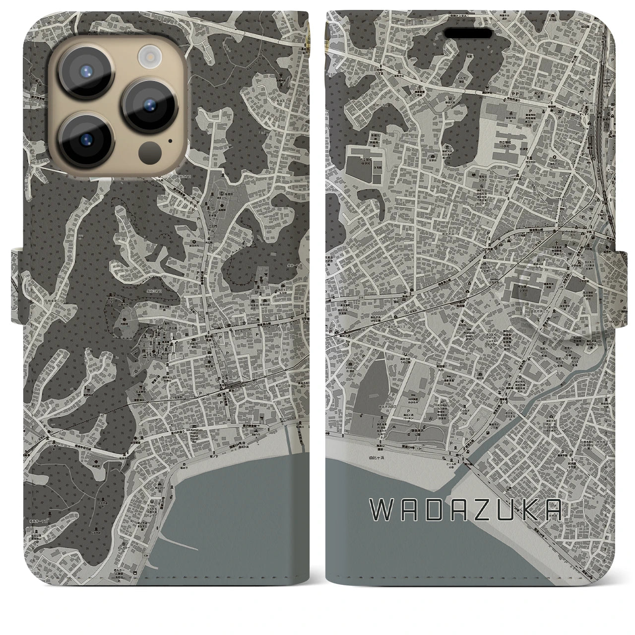 【和田塚(神奈川県)】地図柄iPhoneケース(手帳タイプ)モノトーン・iPhone 14 Pro Max 用