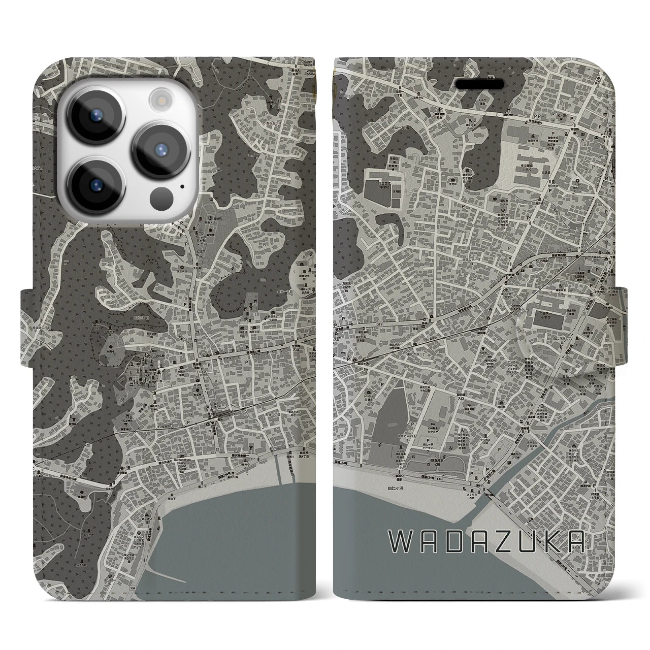 【和田塚(神奈川県)】地図柄iPhoneケース(手帳タイプ)モノトーン・iPhone 14 Pro 用