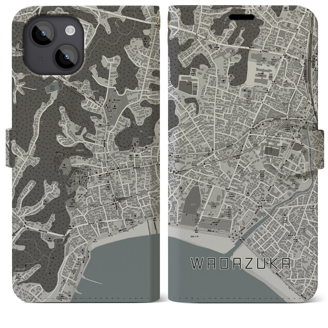 【和田塚(神奈川県)】地図柄iPhoneケース(手帳タイプ)モノトーン・iPhone 14 Plus 用