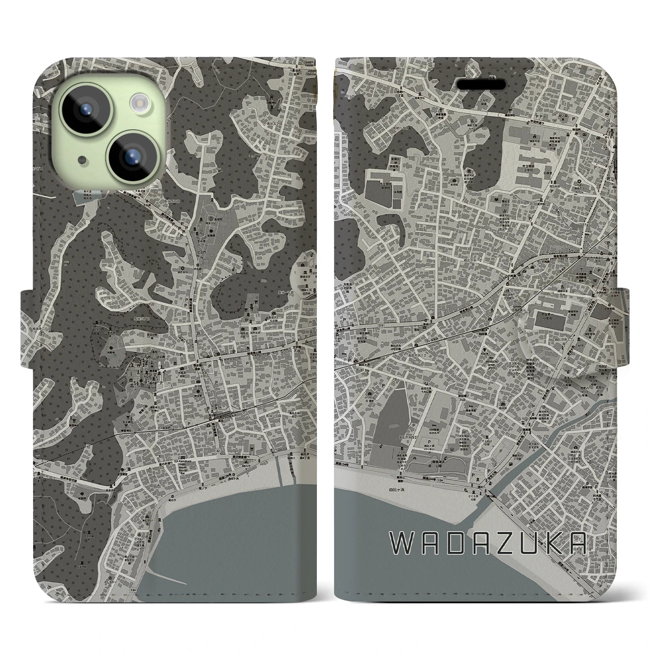 【和田塚(神奈川県)】地図柄iPhoneケース(手帳タイプ)モノトーン・iPhone 15 用
