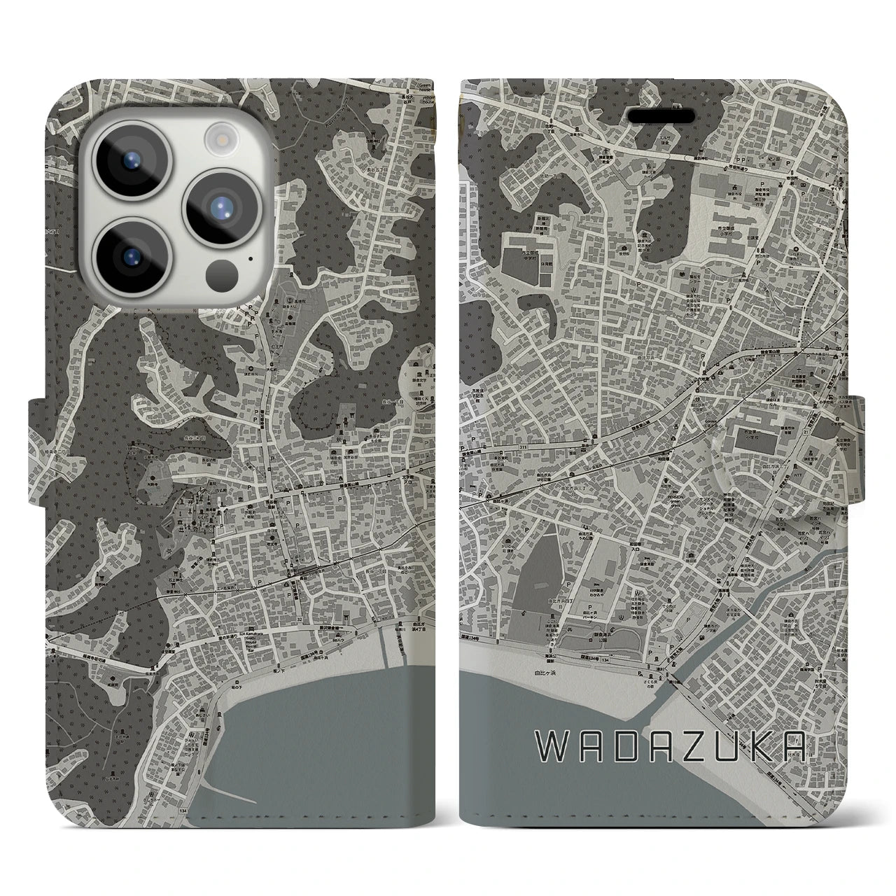 【和田塚(神奈川県)】地図柄iPhoneケース(手帳タイプ)モノトーン・iPhone 15 Pro 用