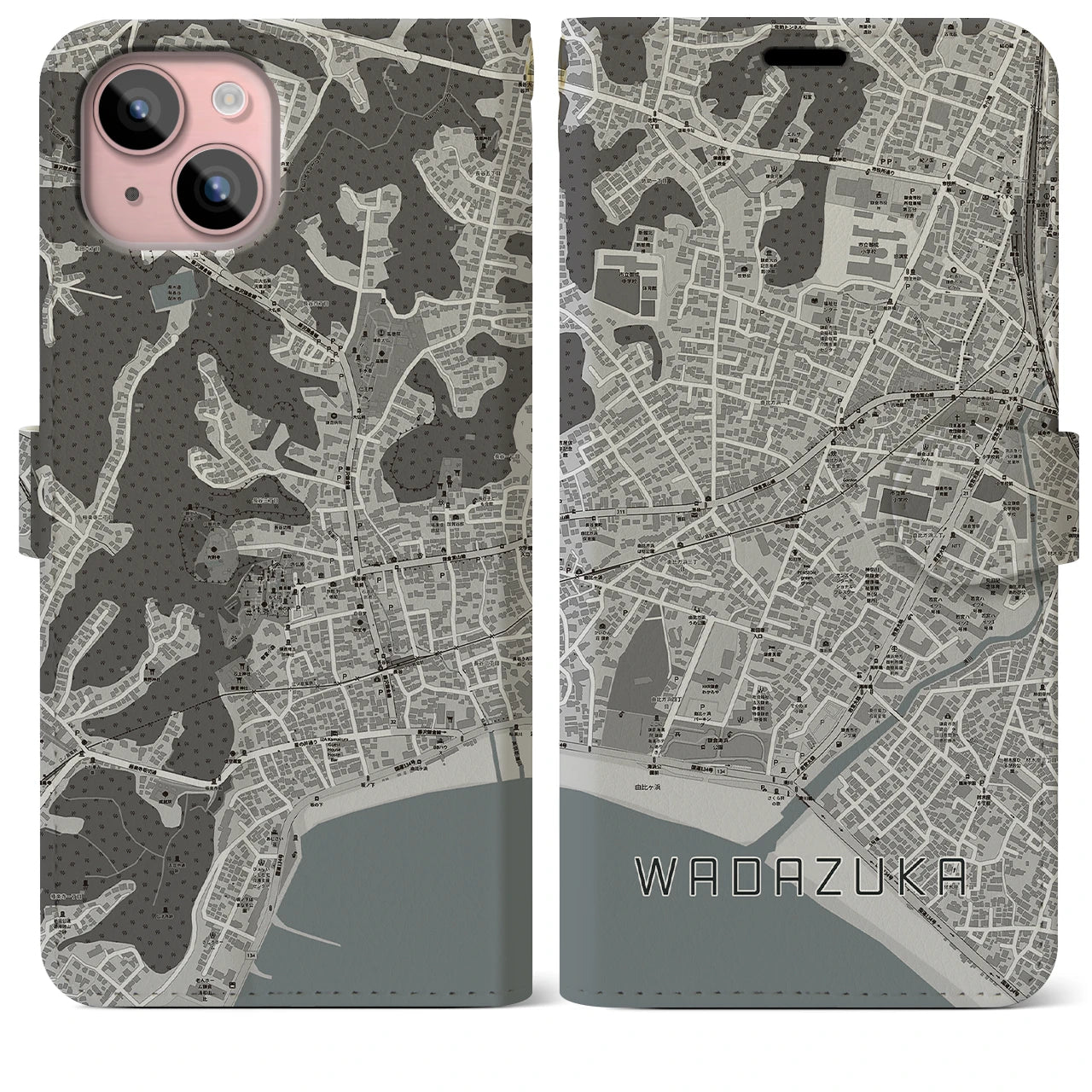 【和田塚(神奈川県)】地図柄iPhoneケース(手帳タイプ)モノトーン・iPhone 15 Plus 用