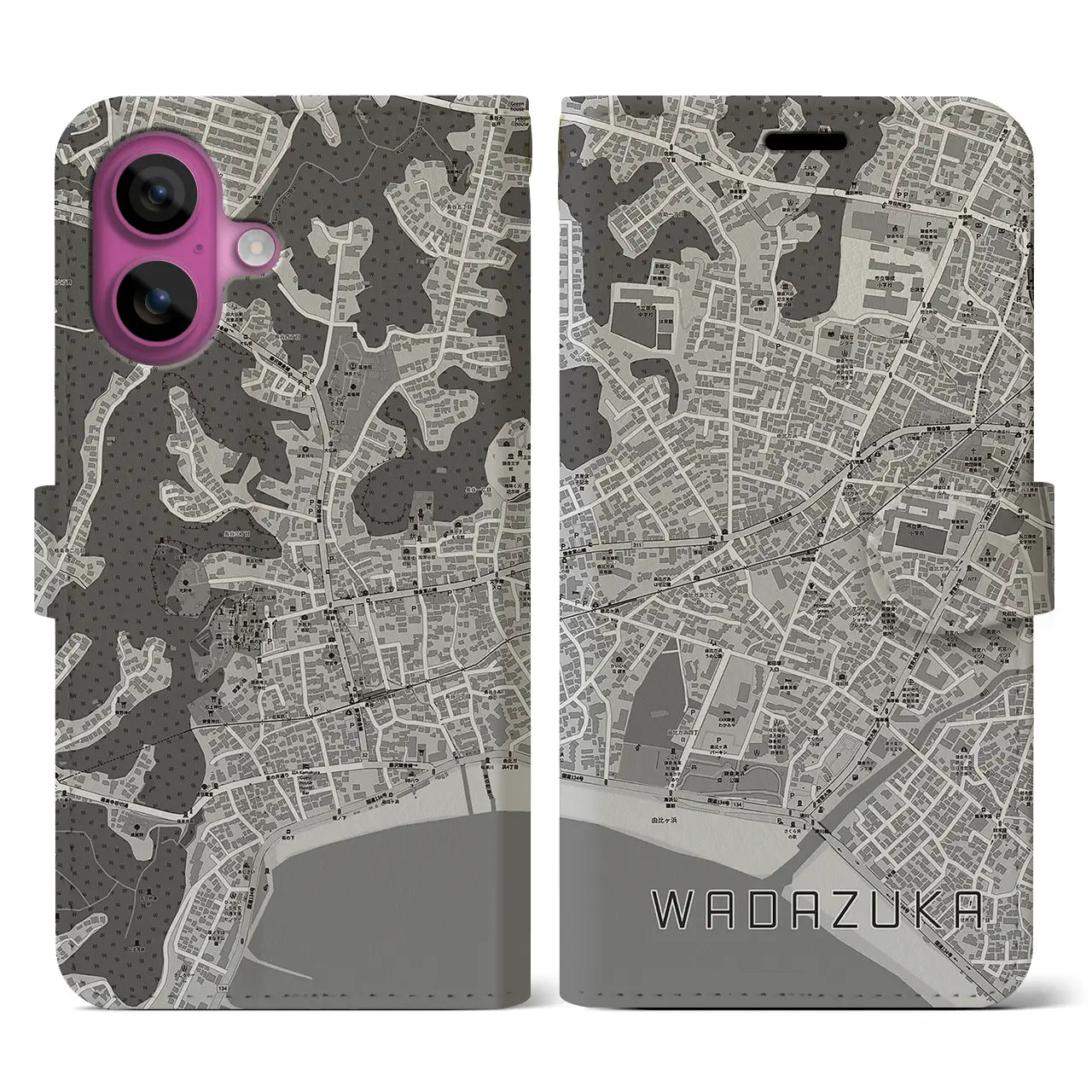 【和田塚(神奈川県)】地図柄iPhoneケース(手帳タイプ)モノトーン・iPhone 16 Pro 用