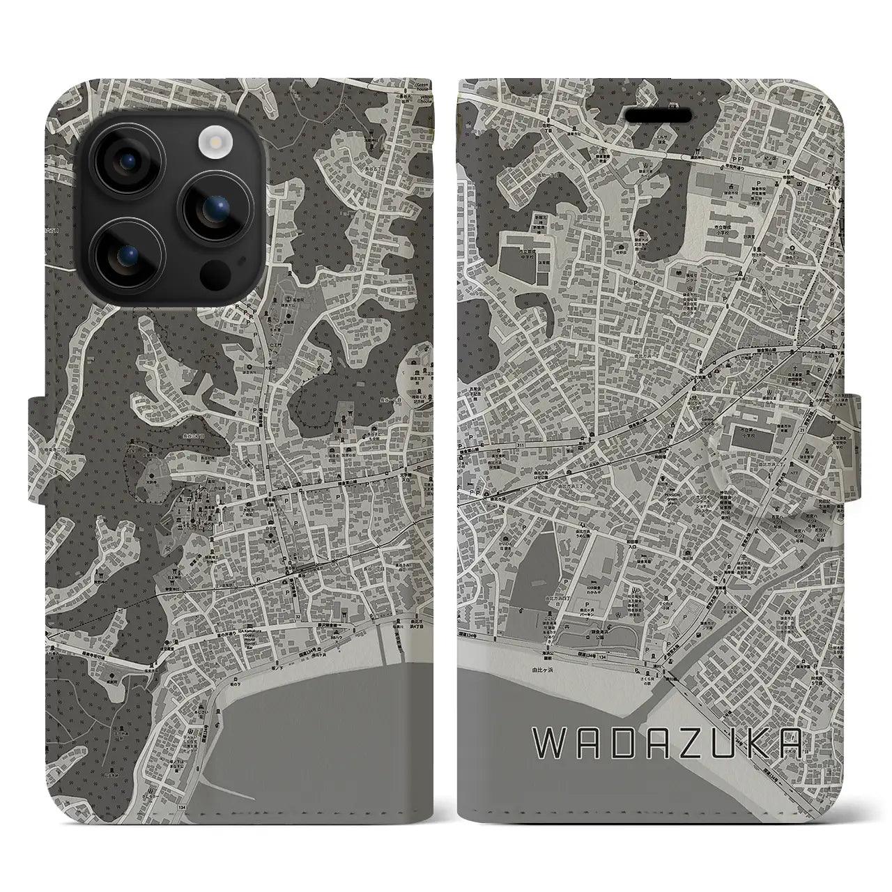 【和田塚(神奈川県)】地図柄iPhoneケース(手帳タイプ)モノトーン・iPhone 16 用