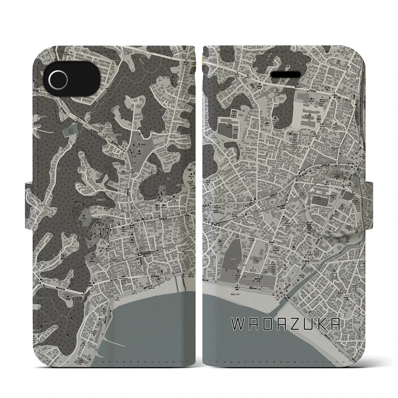【和田塚(神奈川県)】地図柄iPhoneケース(手帳タイプ)モノトーン・iPhone SE(第3 / 第2世代) / 8 / 7 / 6s / 6 用