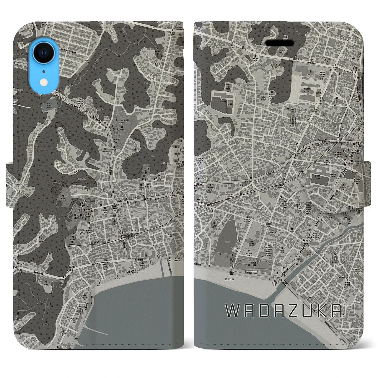 【和田塚(神奈川県)】地図柄iPhoneケース(手帳タイプ)モノトーン・iPhone XR 用