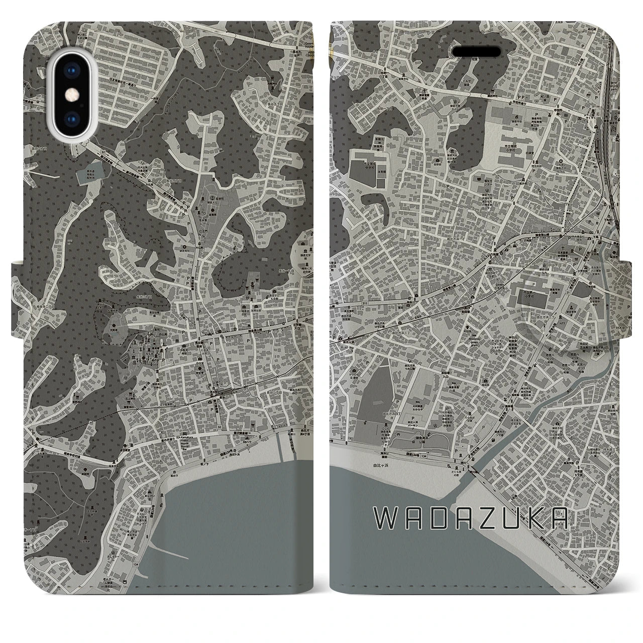 【和田塚(神奈川県)】地図柄iPhoneケース(手帳タイプ)モノトーン・iPhone XS Max 用
