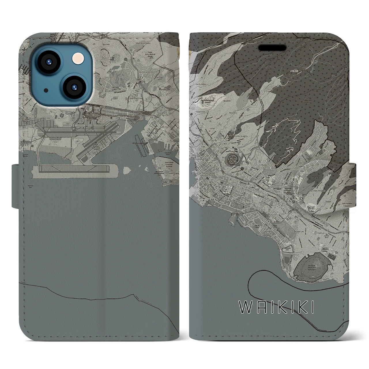 【ワイキキ2(アメリカ)】地図柄iPhoneケース(手帳タイプ)